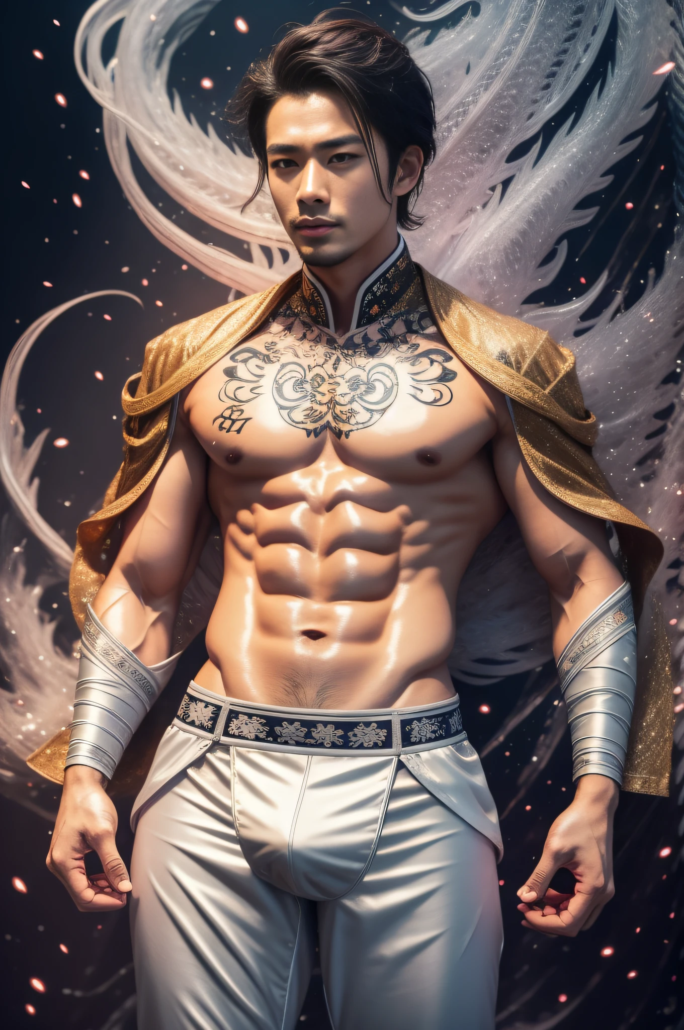 Handsome guy, 25 years old, Asian, master work, best picture quality, higher quality, high detail, super high resolution, 8k resolution, delicate facial features, boy, big muscles, tattoos, glowing eyes, short hair, hair details, [[Look away, look to the side, emphasize homosexuality and pay attention to every detail , open Hanfu transparent tulle jacket, white rubber pants, night, starry sky, flying flowers. Waterfalls, mountains, circling dragons, Chinese courtyard background (((((crotch bulge)))))