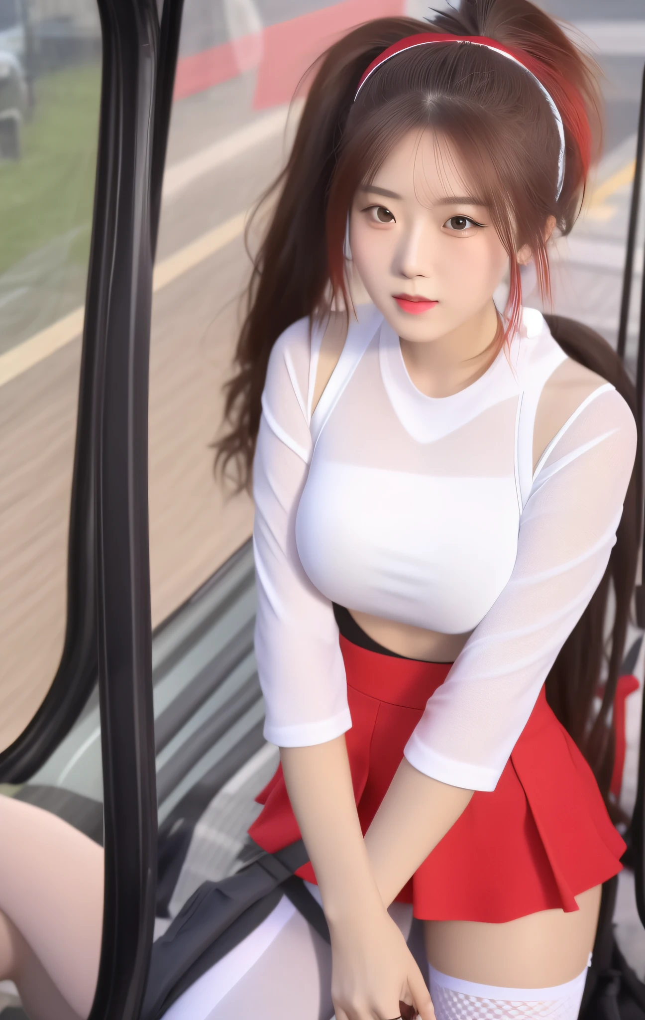 Best Quality, Masterpiece, High Resolution, 1 Girl, Ponytail, Red Miniskirt, Hair Accessories, Beautiful Face, Physics, Tyndall Effect, Realistic, Main Street, In the Bus, Edge Lighting, Two-tone Lighting, (High Detail Skin: 1.2), 8k UHD, DSLR, Soft Light, High Quality, Volumetric Light, Voyeur, Photo, High Resolution, 4K, 8K, Background Blur, Big Breasts, Full Body, Long Legs, Sneakers, White Leggings, Trimmed Face