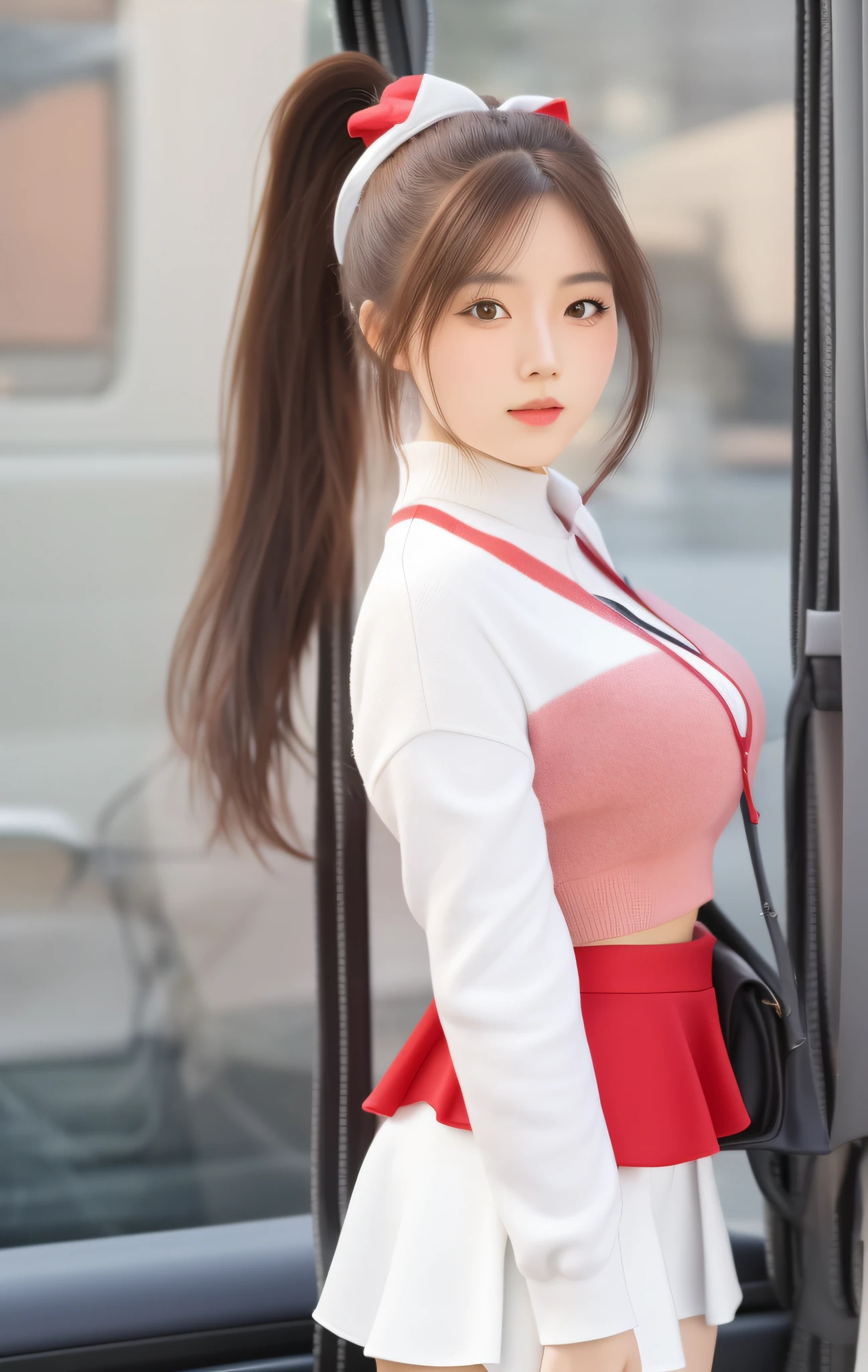 Best Quality, Masterpiece, High Resolution, 1 Girl, Ponytail, Red Miniskirt, Hair Accessories, Beautiful Face, Physics, Tyndall Effect, Realistic, Main Street, In the Bus, Edge Lighting, Two-tone Lighting, (High Detail Skin: 1.2), 8k UHD, DSLR, Soft Light, High Quality, Volumetric Light, Voyeur, Photo, High Resolution, 4K, 8K, Background Blur, Big Breasts, Full Body, Long Legs, Sneakers, White Leggings, Trimmed Face