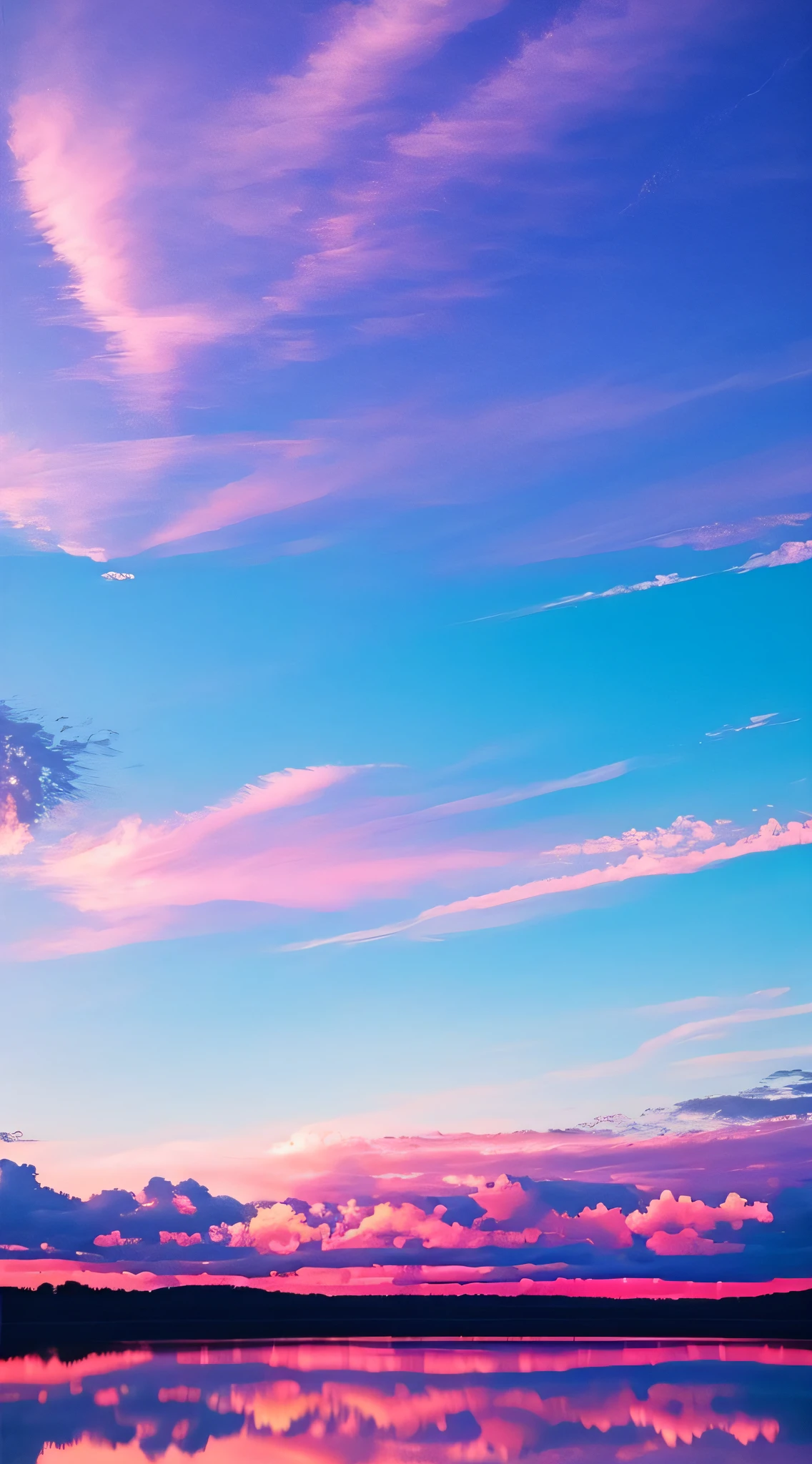 Pink, white cloudy sky, surreal colors, marvelous sky reflection, amazing sky, fantastic atmosphere 8K, pink clouds, color reflection on lake, surreal sky, beautiful sky, beautiful and spectacular, beautiful dreamy landscape, amazing sky