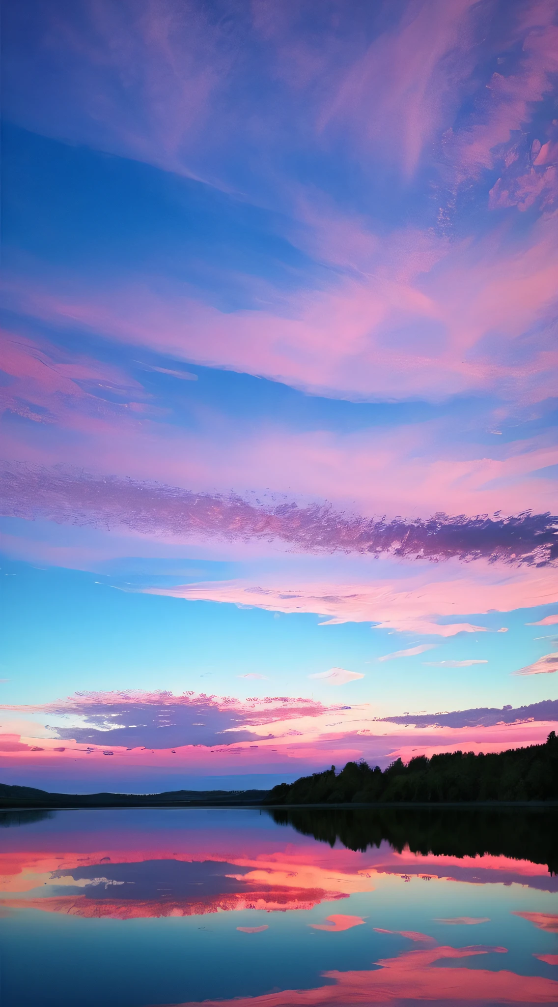 Pink, white cloudy sky, surreal colors, marvelous sky reflection, amazing sky, fantastic atmosphere 8K, pink clouds, color reflection on lake, surreal sky, beautiful sky, beautiful and spectacular, beautiful dreamy landscape, amazing sky