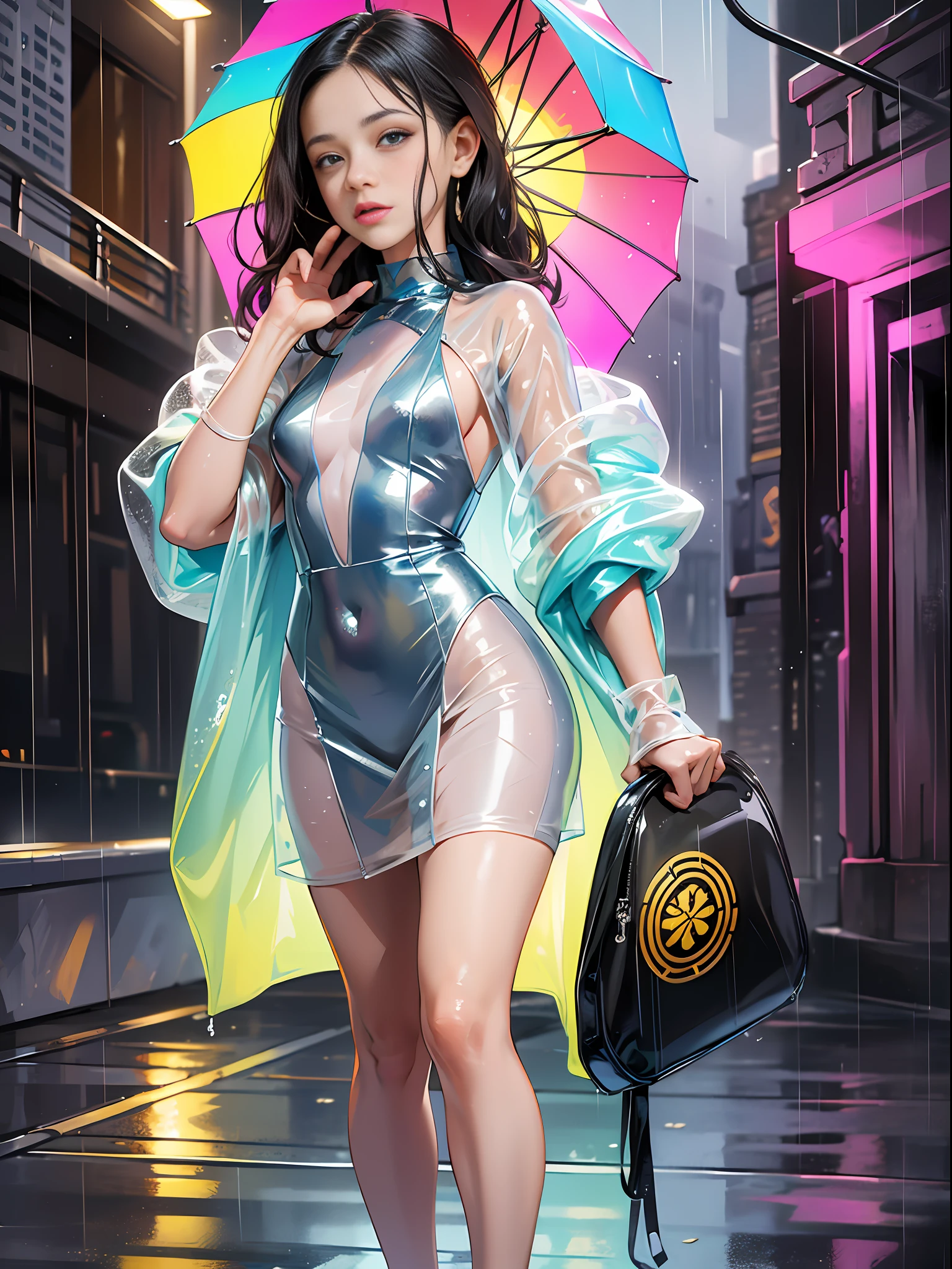 "Full body dress, Jenna Ortega, with wet hair in the rain, (masterpiece, best quality), sensual wearing a transparent, wet outfit, vibrant eyes."