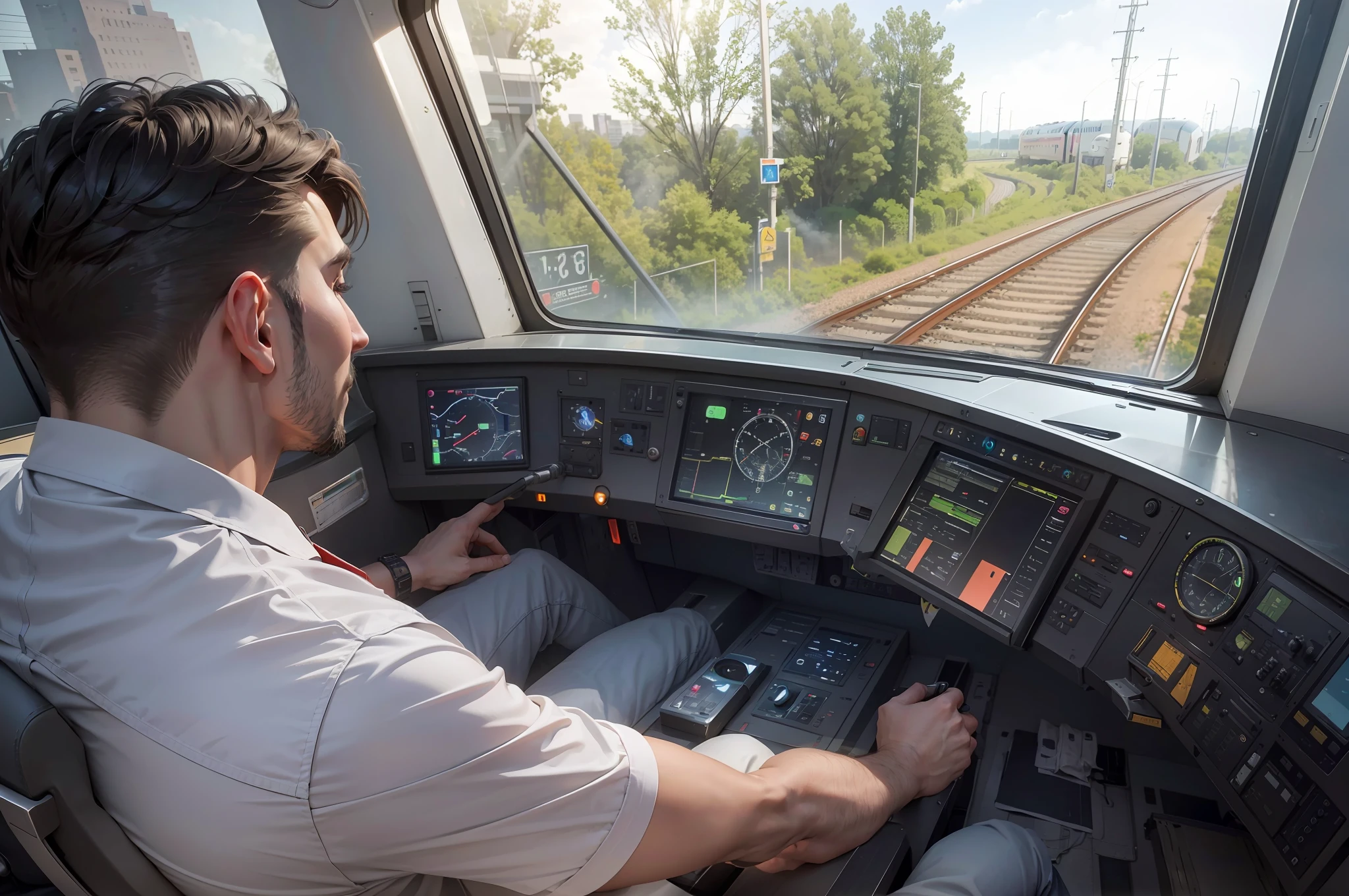 view of a man leading a train on railway tracks, high-speed trains, light, interesting background, advanced technology, inside the train, ergonomics, supersonic trains, locomotive style, Alexander Rostov, miniature, inspiring, technologies of the future, innovative, ultrawide, Reddit post