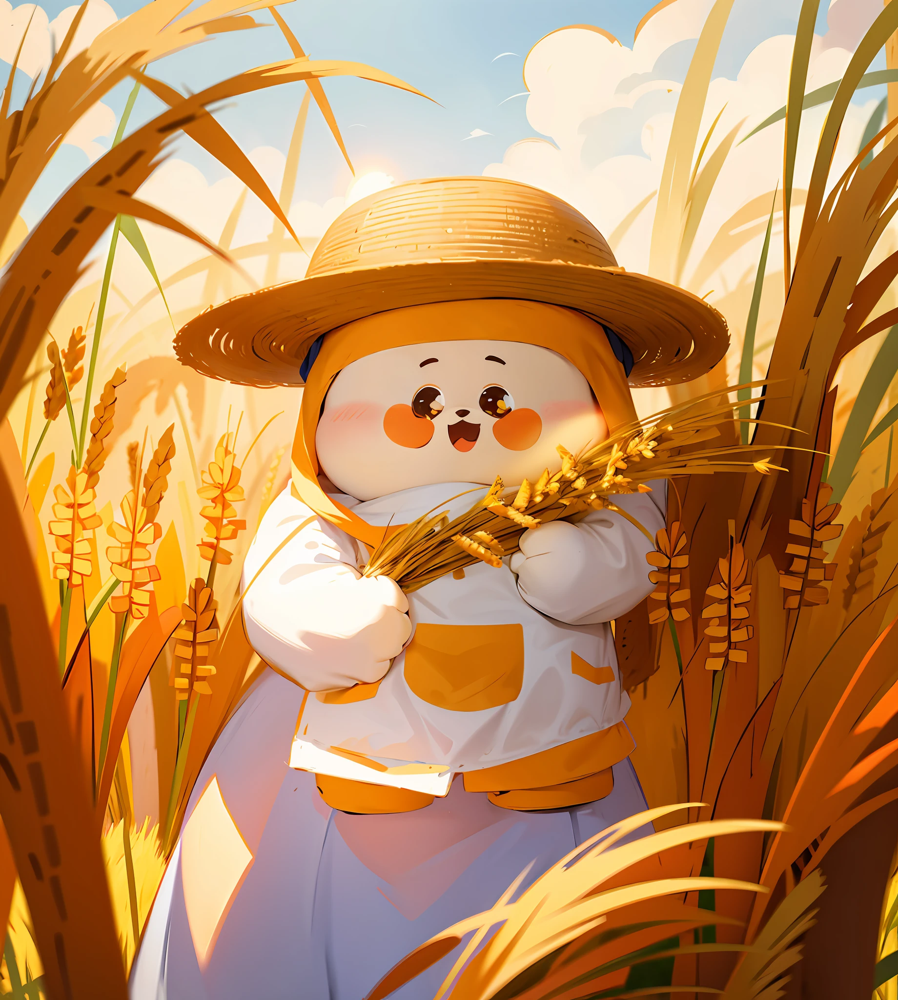 Moutai, mascot, cute, wheat field, dressed up as a farmer, straw hat, holding wheat in hand, high precision illustration, summer, sunshine