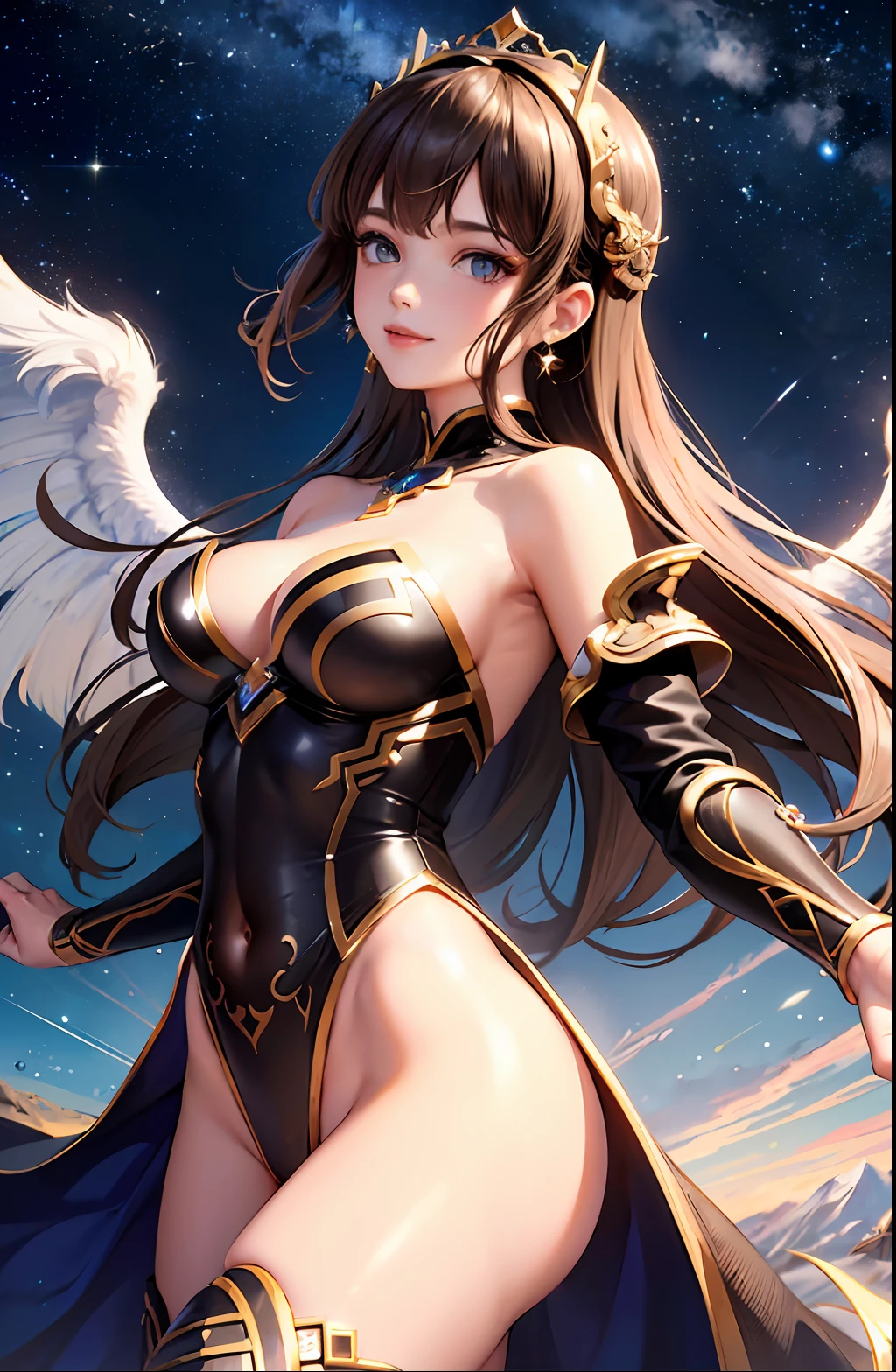 ((Best Quality, 8k, Sharp Focus, 35mm Lens, Masterpiece: 1.2, Cinematic Light, Ultimate Girl, Highly Detailed Facial Textures, Highly Detailed Facial Textures)), (silver Leotard Armor: 1.2 ), ( Night village starry sky background: 1.2 ), (circular with wings on head), round face, detailed brown eyes, detailed beauty makeup: 1.2, ultra-detailed skin, [navel], detailed bangs, (detailed Eyes: 1.2), smile, light brown hair tied back, looking back, from the side