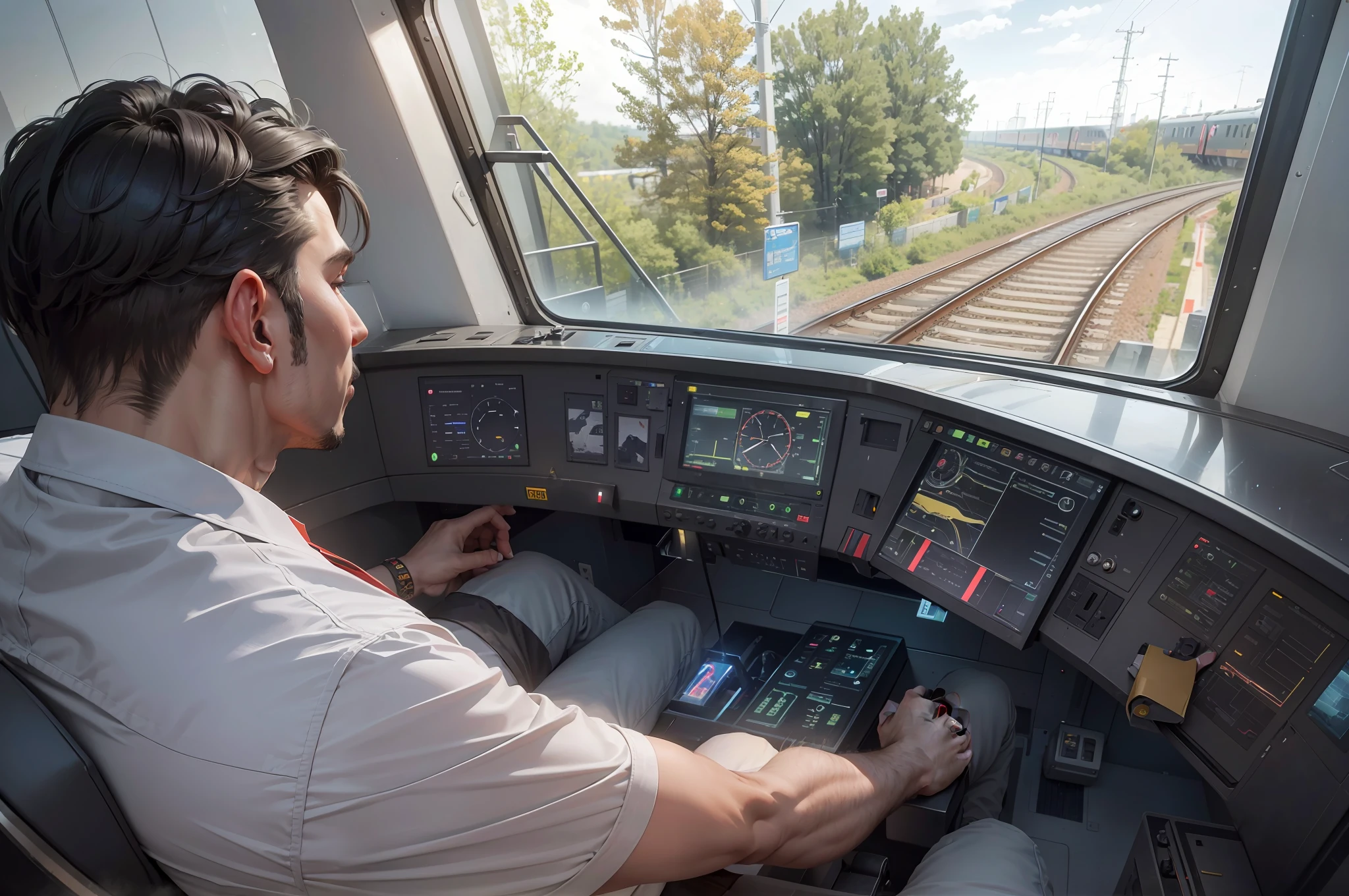 view of a man leading a train on railway tracks, high-speed trains, light, interesting background, advanced technology, inside the train, ergonomics, supersonic trains, locomotive style, Alexander Rostov, miniature, inspiring, technologies of the future, innovative, ultrawide, Reddit post