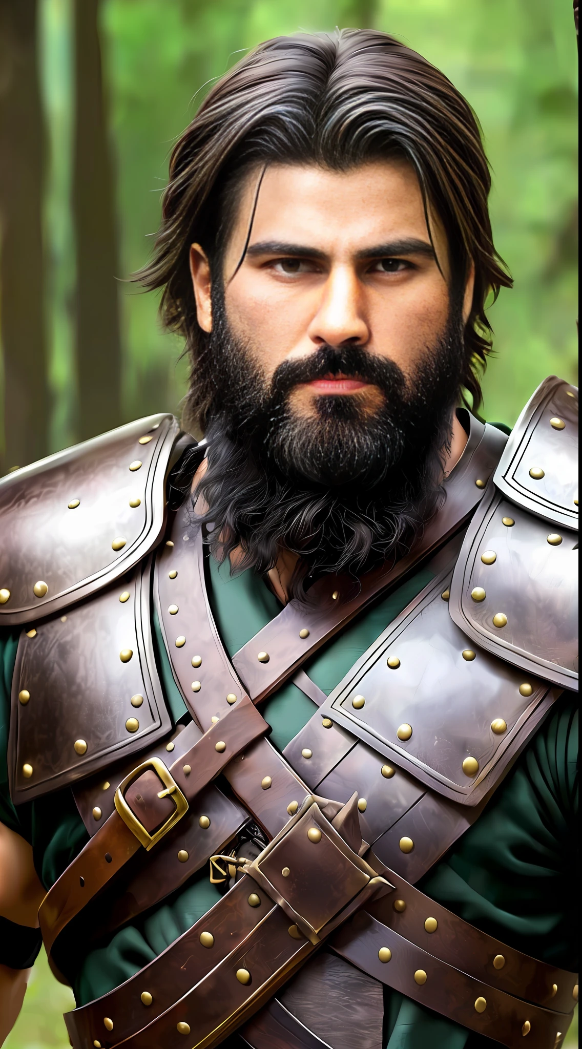 masterpiece, high quality, best quality, beautiful, hd, realistic, perfect lighting, detailed face, detailed body, 1 man, solo, black hair, green eyes, long black beard, brown and worn leather clothing medieval armor style: 1.4), leather pectoral armor, 1 wooden spear in the hands, war battle background, gladiator style, muscular men, robust, angry look, --auto --s2