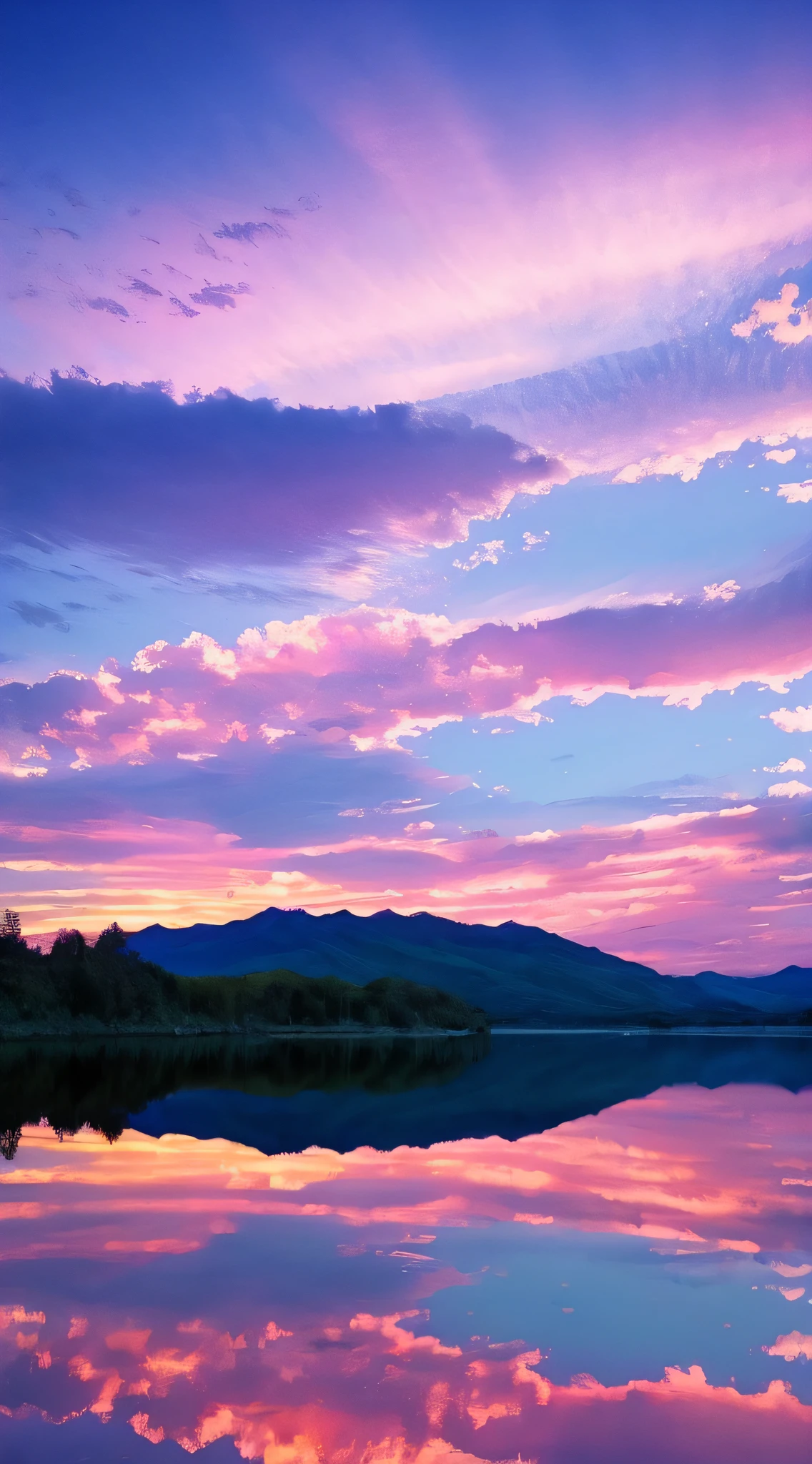 Pink, white cloudy sky, surreal colors, marvelous sky reflection, stunning sky, fantastic atmosphere 8K, light pink clouds, colors reflected on lake, surreal sky, beautiful sky, beautiful and spectacular, beautiful dream landscape, amazing sky, light blue lake