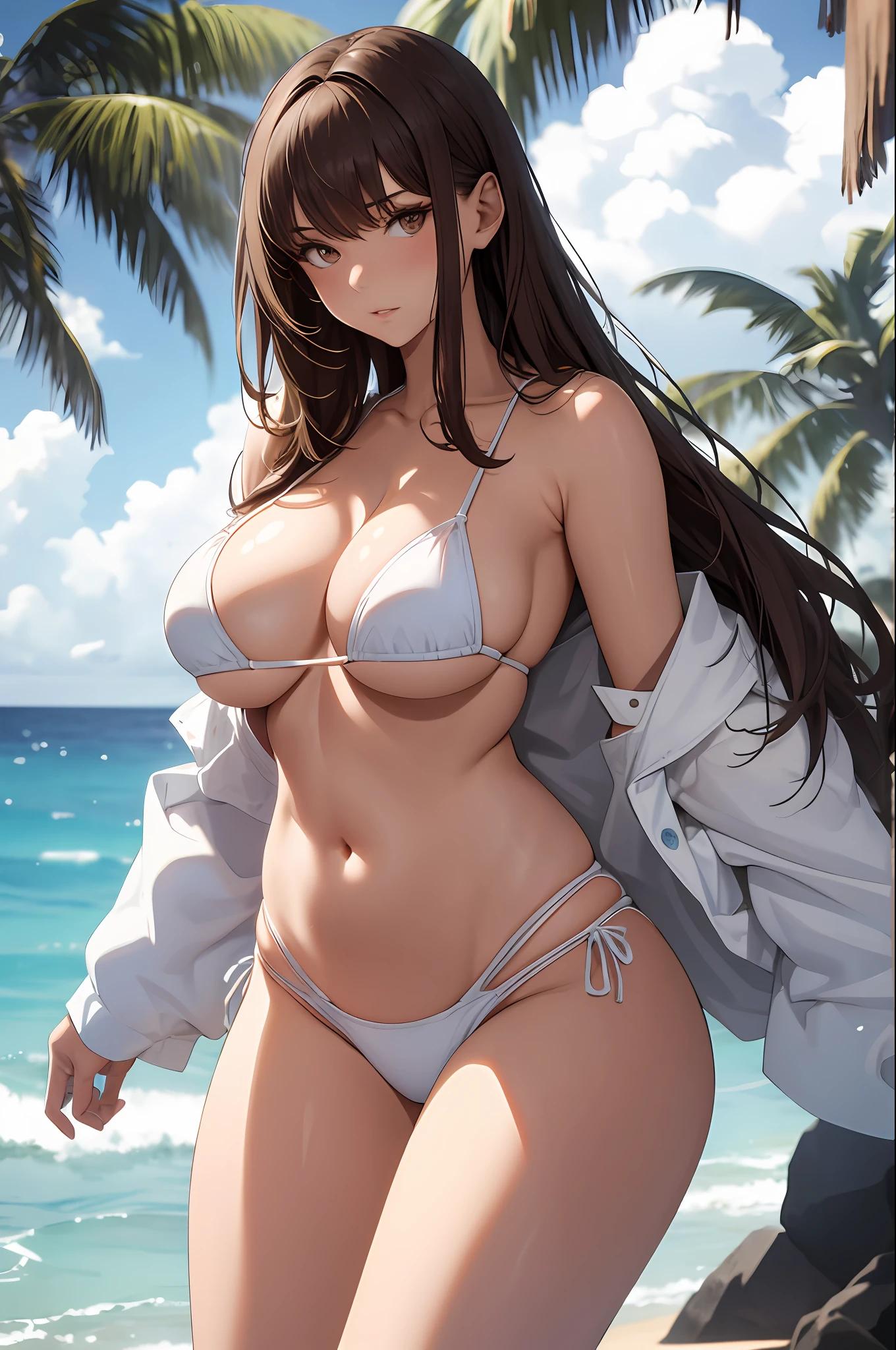 Big, white micro bikini, emphasizing breasts, cleavage, erotic look, estrus face, thighs, brown hair, belly button, semi-long, arms back, beach, perfect body