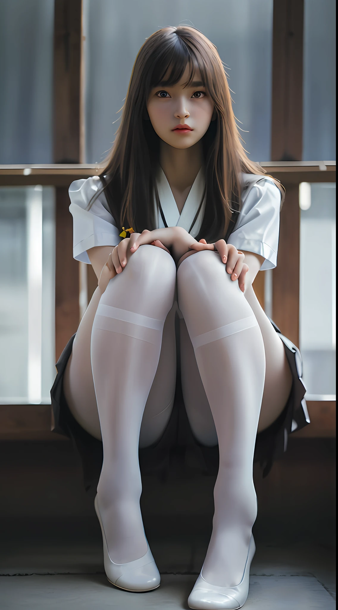 ulzzang-6500-v1.1, (Raw photo:1.2), (Photorealistic:1.4), Beautiful detailed girl, Very detailed eyes and face, Beautiful detailed eyes, Ridiculous, Incredibly ridiculous, Huge file size, Ultra detail, High resolution, Very detailed, Top quality, Masterpiece, Kemomimi, ((Japan girls' high school summer uniform)), Illustration, Very detailed, CG , unity, 8k wallpaper, fantastic, fine details, masterpiece, best quality, highly detailed cg uniform 8k wallpaper, night light, movie lighting, 16 year old girl, (without panties)), ((dynamic pose))), (camel toe), (hands stretched up), (legs open and thighs open), (hands stretched up), (show off your thighs), (show off your faces), (sheer pantyhose) , (sitting on legs bending the knees)) ((((legs open and open to the thigh)))