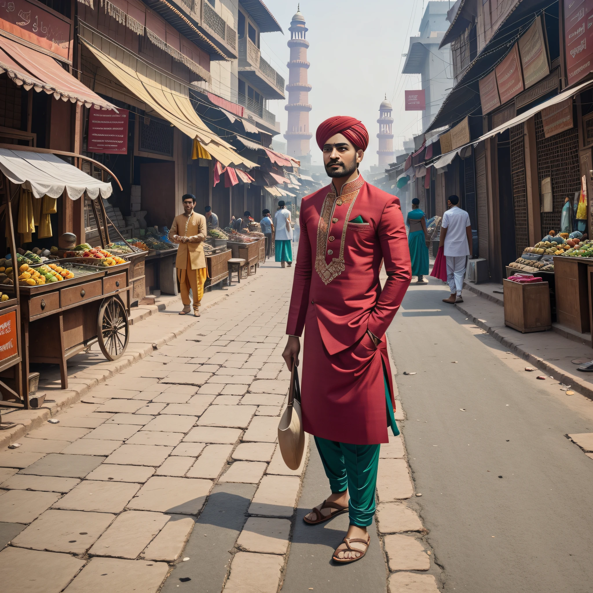 Picture a man standing amidst the bustling streets of Delhi, India, capturing the essence of the city's vibrant energy and cultural tapestry. The man should reflect the diversity and dynamism of Delhi's population.

He should have a medium skin tone, representing the various ethnicities and backgrounds found in the city. His facial features should be a blend of classic Indian characteristics, showcasing the beauty of Delhi's heritage.

Dress him in a combination of traditional and contemporary attire. Consider a tailored kurta with intricate embroidery, paired with modern trousers, symbolizing the harmonious coexistence of tradition and modernity in Delhi's fashion scene.

His stance should exude confidence and pride, reflecting the resilience and spirit of Delhi's residents. The background should showcase the city's architectural marvels, such as the Jama Masjid or Qutub Minar, hinting at the rich history and cultural significance of Delhi.

To emphasize the vibrant atmosphere of the streets, include elements like bustling markets, street vendors, and colorful signage in the backdrop. The image should evoke a sense of the city's liveliness and the constant movement that characterizes its streets.

Ultimately, the image should encapsulate the spirit of Delhi—a city that seamlessly blends tradition and progress, where history and modernity converge, and where people from all walks of life come together to create a unique and diverse tapestry of cultures.