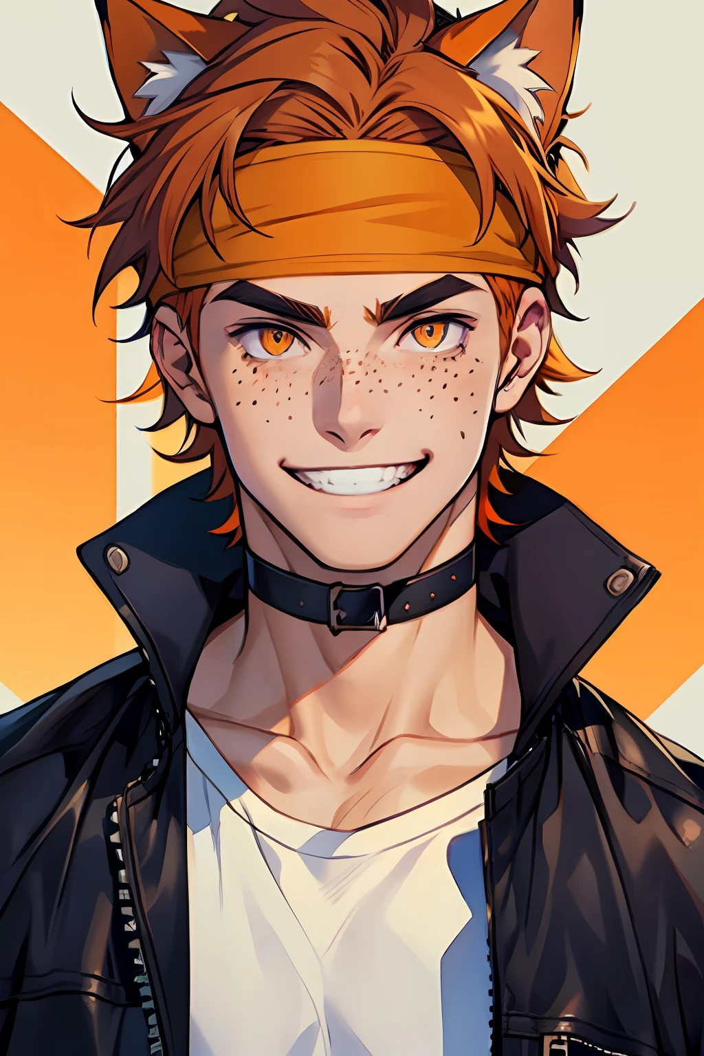 cat ears, 1boy, male focus, solo, smile, orange eyes, freckles, auburn hair, thick eyebrows, looking at viewer, choker, headband, grin, jacket