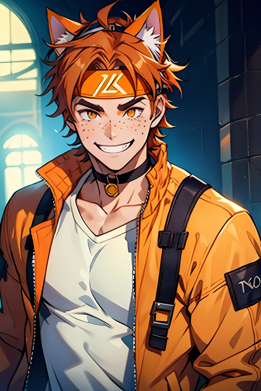 cat ears, 1boy, male focus, solo, smile, orange eyes, freckles, auburn hair, thick eyebrows, looking at viewer, choker, headband, grin, jacket