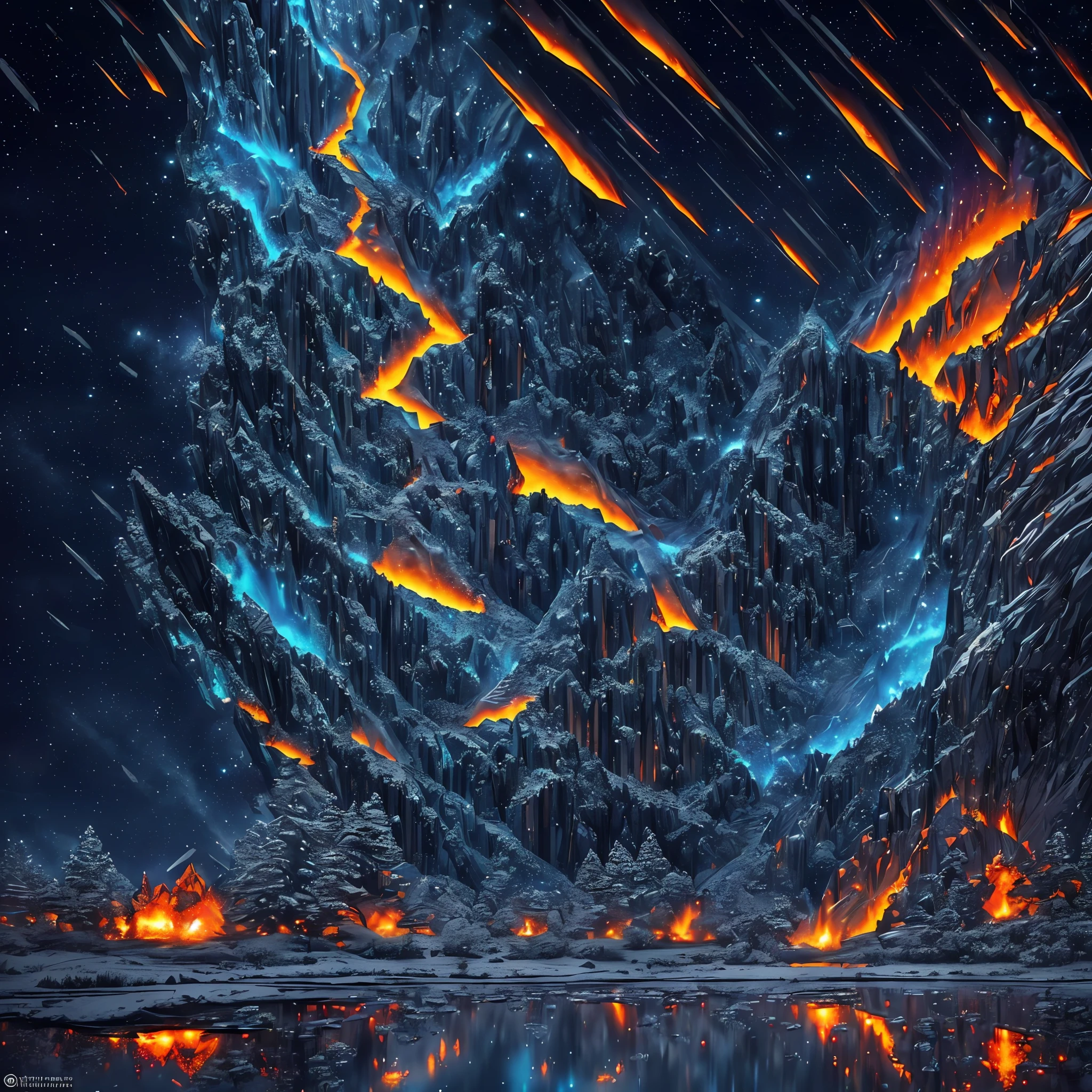 Extensive landscape computer ultrasound photography (general view, which shows a glass tower, (detailed description of the tower), sky, frozen reflection (detailed), clouds (detailed), as well as dawn (detailed), lake (detailed), mercury on the surface of the lake, reflection on the surface of the lake of the moon and falling stars, burning surface, elves, moths, fireflies (1: 3), (ultradetailed description of appearance), crystals (crystals: 1,2), reflection in mercury crystals, burning lava (dripping lava 1: 2), (falling stones: 0.9), (fire: 1.3), mercury, glass, fire stones, lava, tower BREAK production art, (cold light source:1.2), (Firefly:1.2), fire particles, dark, red, yellow, orange, purple and blue, complex details, volumetric lighting, realism BREAK (masterpiece:1.2), (best quality), 4k, ultra-detailed, (dynamic composition: 1.4), high detailed, colorful details, (gloomy colors: 1.2), (luminous lighting, atmospheric lighting), Dark, Dark, Magical, (Solo: 1.2) --auto --s2