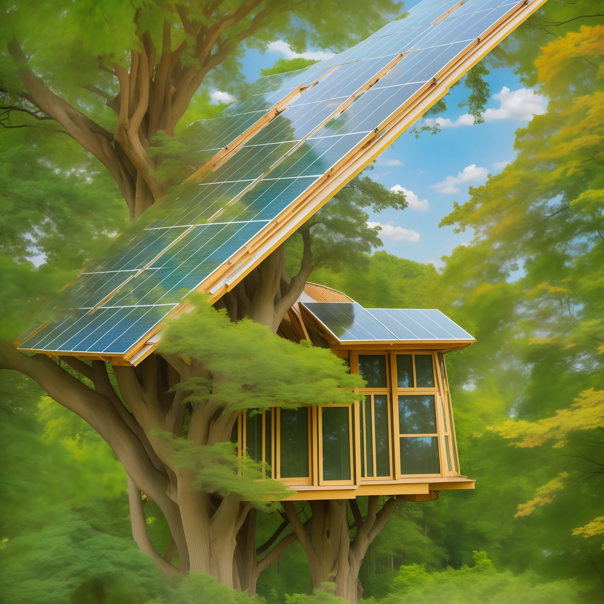 ((beautiful work of art)), best quality, highly detailed, treehouse with giant windows in photovoltaic panels,(very green),(photovoltaic panels in the form of giant leaves:1.2),(panoramic view),(clear day),(tree with twisted trunk),(cozy house),Oil painting, magical scenery.
