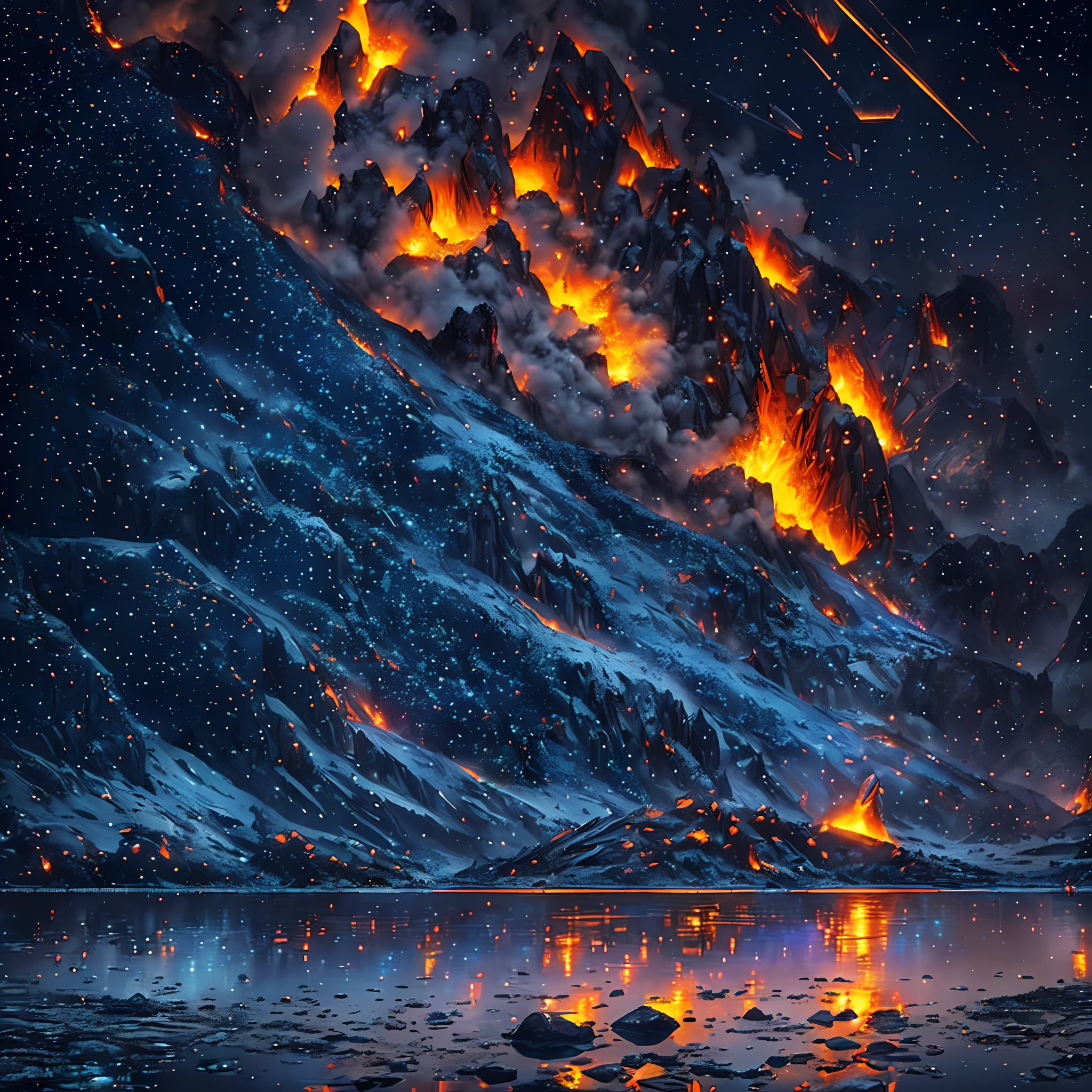 Extensive landscape computer ultrasound photography (general view, which shows a glass tower, (detailed description of the tower), sky, frozen reflection (detailed), clouds (detailed), as well as dawn (detailed), lake (detailed), mercury on the surface of the lake, reflection on the surface of the lake of the moon and falling stars, burning surface, elves, moths, fireflies (1: 3), (ultradetailed description of appearance), crystals (crystals: 1,2), reflection in mercury crystals, burning lava (dripping lava 1: 2), (falling stones: 0.9), (fire: 1.3), mercury, glass, fire stones, lava, tower BREAK production art, (cold light source:1.2), (Firefly:1.2), fire particles, dark, red, yellow, orange, purple and blue, complex details, volumetric lighting, realism BREAK (masterpiece:1.2), (best quality), 4k, ultra-detailed, (dynamic composition: 1.4), high detailed, colorful details, (gloomy colors: 1.2), (luminous lighting, atmospheric lighting), Dark, Dark, Magical, (Solo: 1.2) --auto --s2
