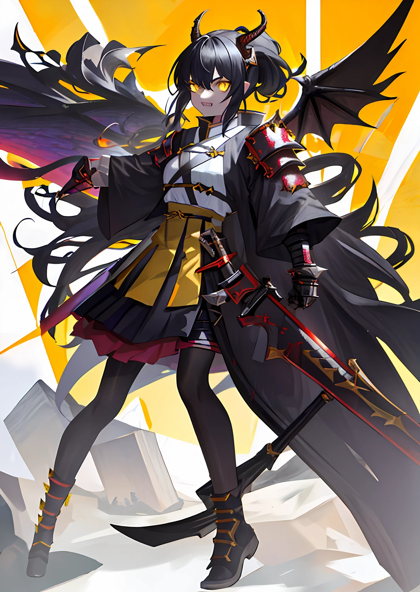 1girl,monster girl,absurdres,(solo:1.8),(dragon+(demon:0.8)),
gradient background,
spikes,holding weapon,sword,
claws,wings,sharp teeth,yellow horns, black hair, yellow eyes, ponytail, black and red samurai armor