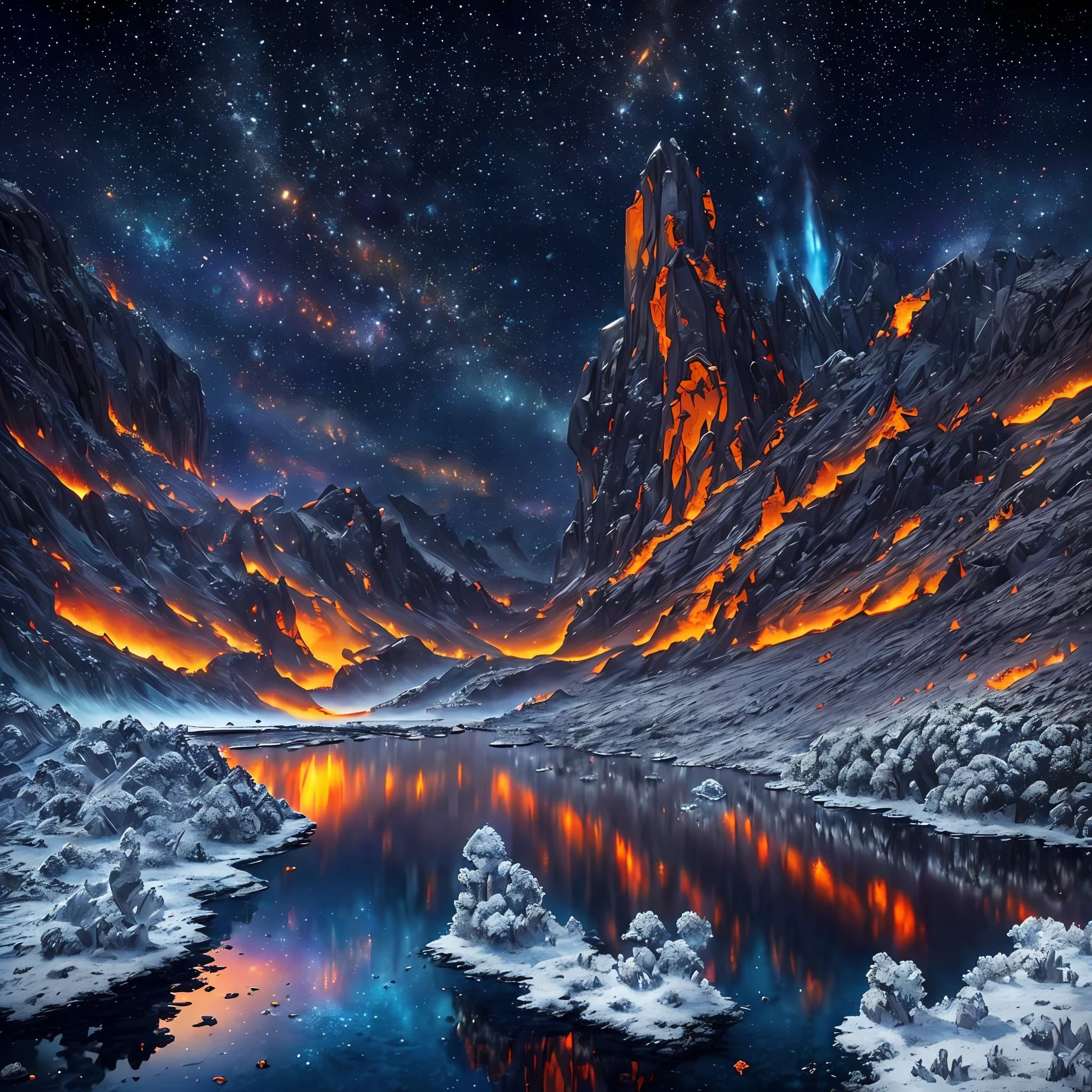 Extensive landscape computer ultrasound photography (general view, which shows a glass tower, (detailed description of the tower), sky, frozen reflection (detailed), clouds (detailed), as well as dawn (detailed), lake (detailed), mercury on the surface of the lake, reflection on the surface of the lake of the moon and falling stars, burning surface, elves, moths, fireflies (1: 3), (ultradetailed description of appearance), crystals (crystals: 1,2), reflection in mercury crystals, burning lava (dripping lava 1: 2), (falling stones: 0.9), (fire: 1.3), mercury, glass, fire stones, lava, tower BREAK production art, (cold light source:1.2), (Firefly:1.2), fire particles, dark, red, yellow, orange, purple and blue, complex details, volumetric lighting, realism BREAK (masterpiece:1.2), (best quality), 4k, ultra-detailed, (dynamic composition: 1.4), high detailed, colorful details, (gloomy colors: 1.2), (luminous lighting, atmospheric lighting), Dark, Dark, Magical, (Solo: 1.2) --auto --s2