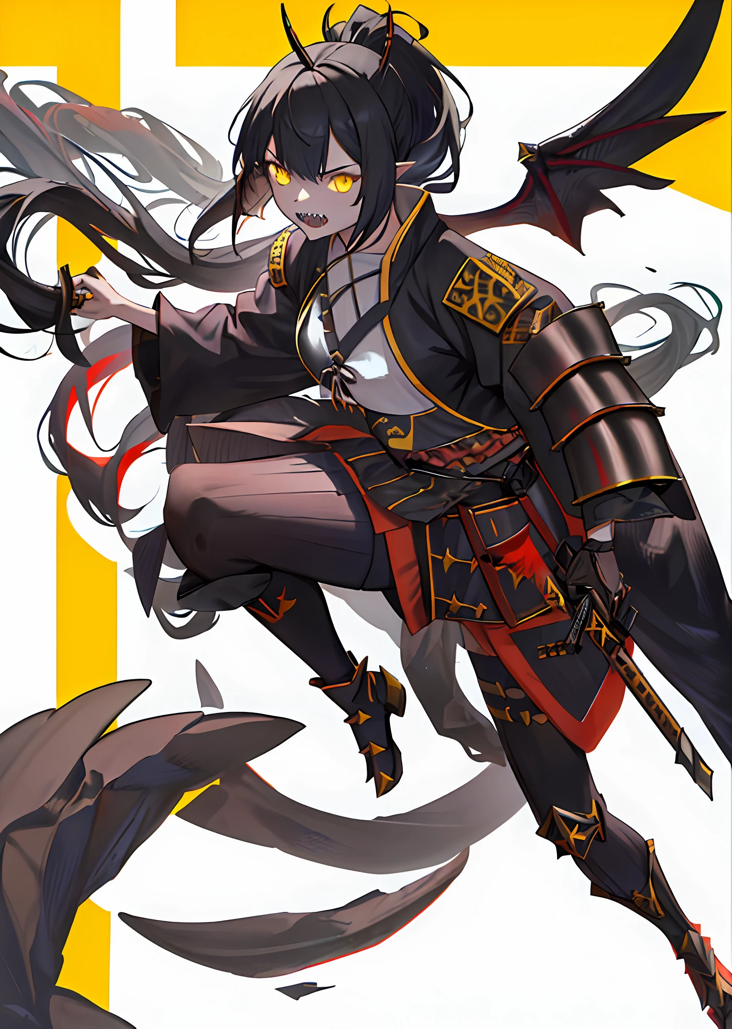 1girl,monster girl,absurdres,(solo:1.8),(dragon+(demon:0.8)),
gradient background,
spikes,holding weapon,sword,
claws,wings,sharp teeth,yellow horns, black hair, yellow eyes, ponytail, black and red samurai armor