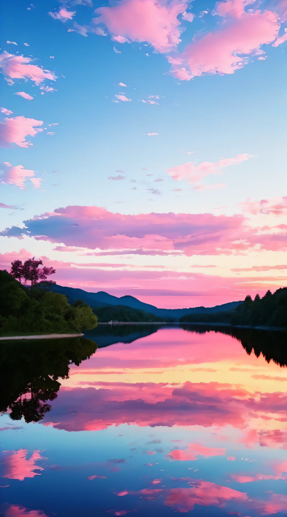 Pink and white cloudy sky, wonderful sky reflection, amazing sky, fantastic atmosphere 8K, light pink clouds, color reflected on the lake, beautiful sky, beautiful dream landscape, light blue lake water, very healing, gentle, light pink, light white, full of incredible natural atmosphere