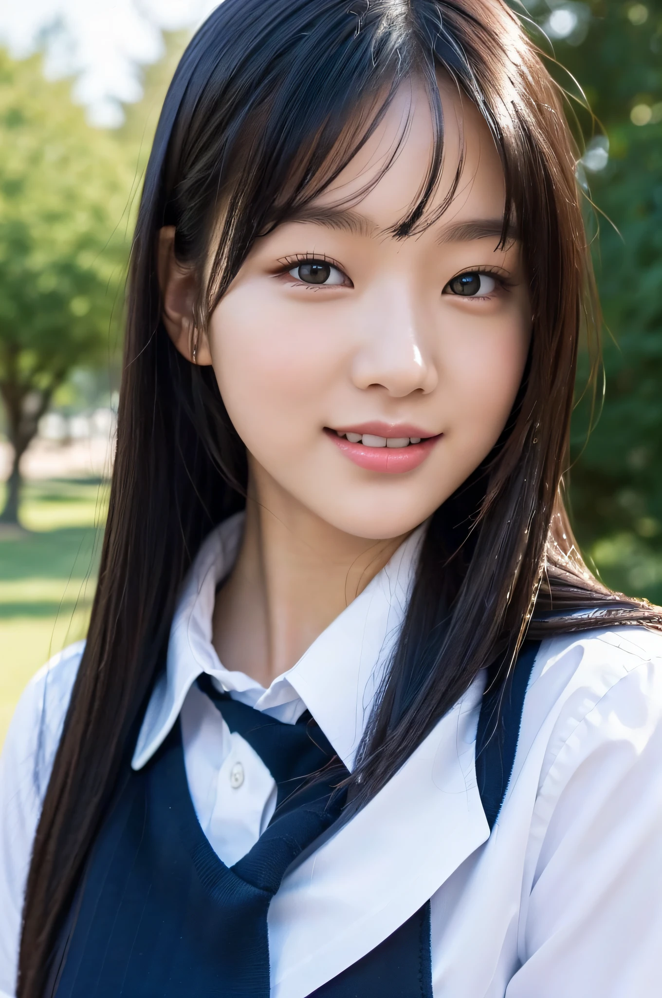 (8k, highest quality, masterpiece: 1.2), ultra detail, highest quality, ultra high resolution, professional lighting, photon mapping, radiosity, physically based rendering, cinematic lighting, depth of field, focusing, sun rays, good composition, (bokeh: 1.2), 1 girl, (full body), smile, beautiful eyes, pose, constriction, black hair, long hair, school uniform,