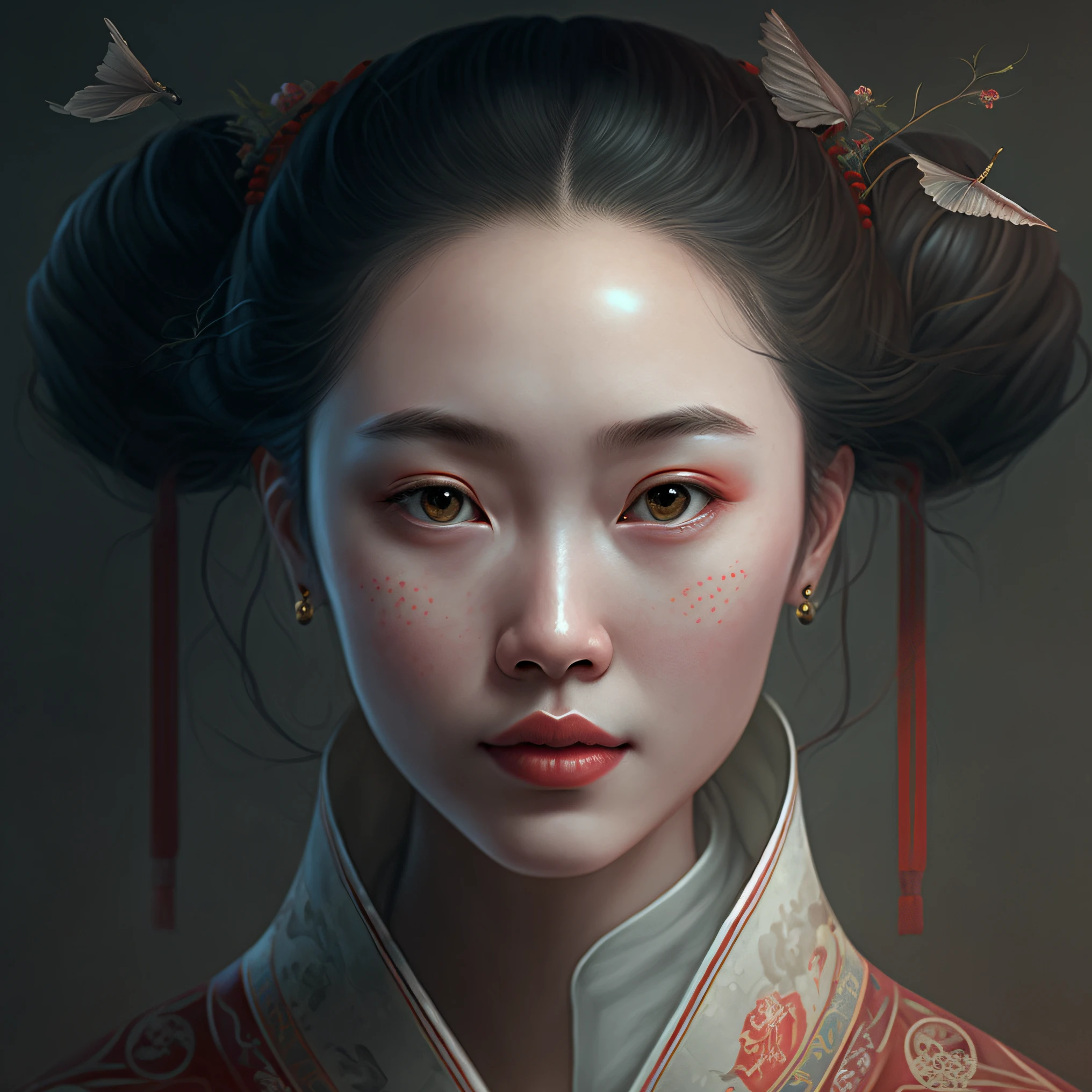 painting of a woman with a bun with butterflies on her head, cgsociety portrait, stunning digital illustration, inspired by Fenghua Zhong, artwork in the style of guweiz, beautiful character painting, by Russell Dongjun Lu, inspired by Yanjun Cheng, inspired by Ai Xuan, a beautiful artwork illustration, beautiful digital illustration, exquisite digital illustration