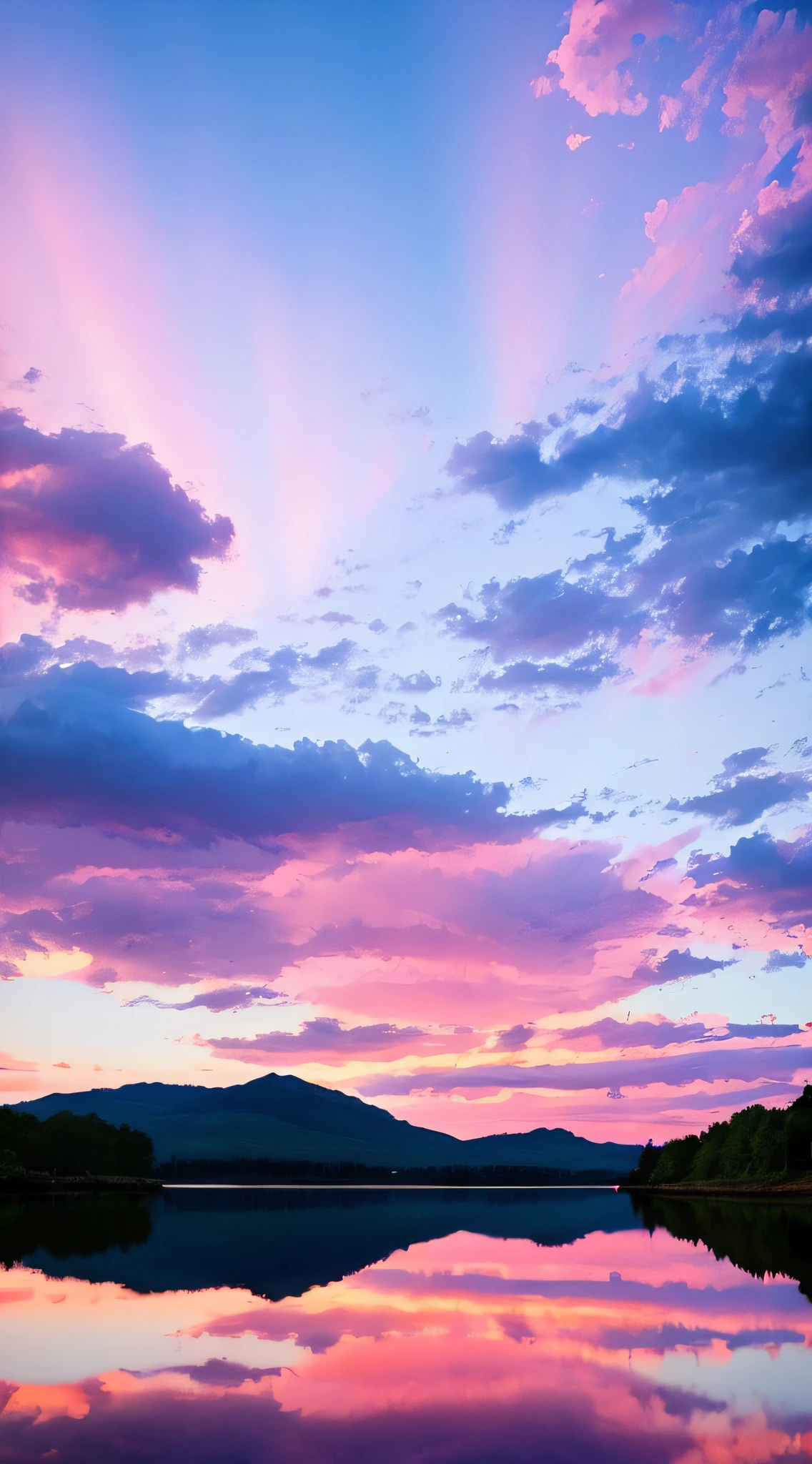 Pink, white cloudy sky, surreal colors, marvelous sky reflection, stunning sky, fantastic atmosphere 8K, light pink clouds, colors reflected on lake, surreal sky, beautiful sky, beautiful and spectacular, beautiful dream landscape, amazing sky, light blue lake