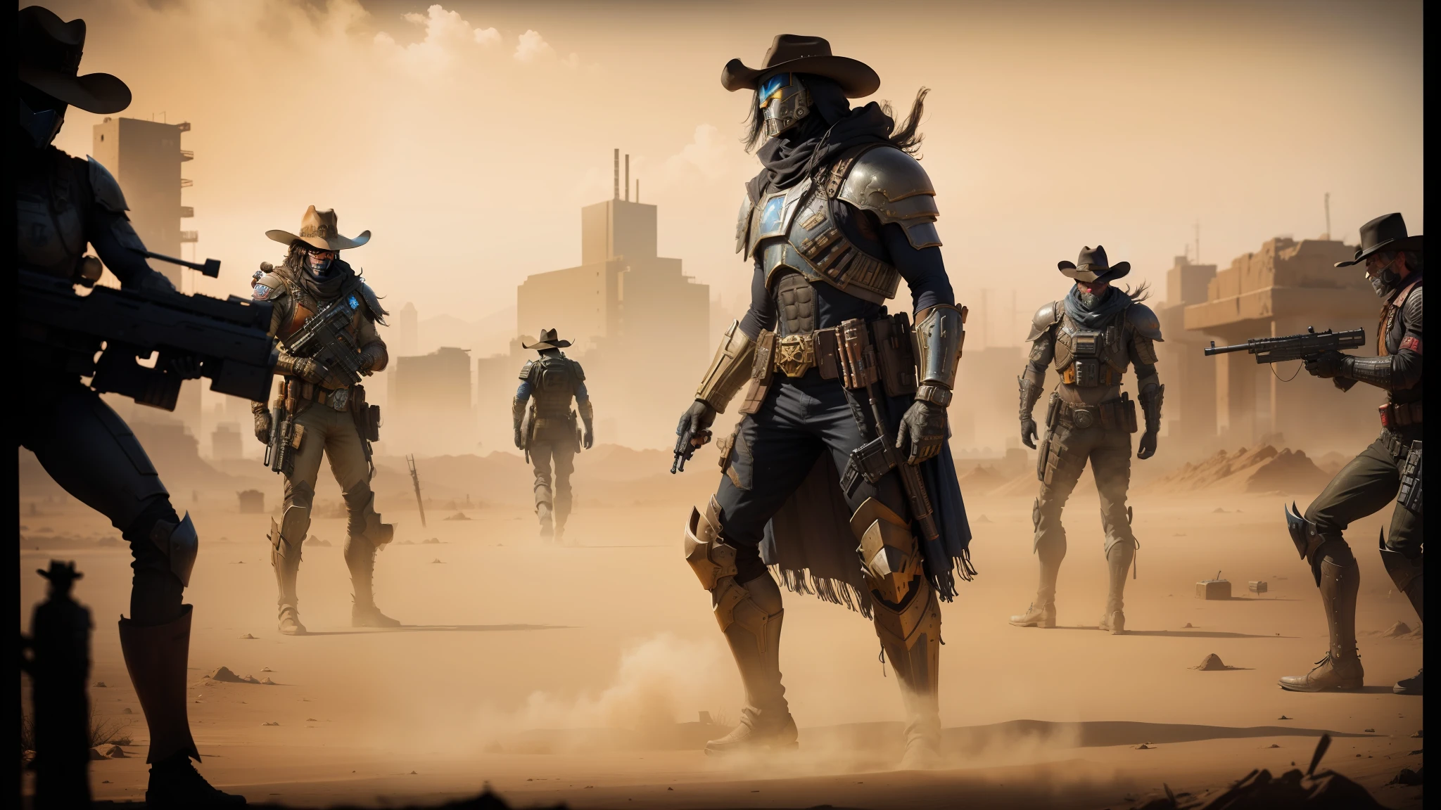 cowboys in a dusty area with guns and a gun, ornate cyberpunk armor, cinematic movie photograph, powerful male scarecrow, official judge dredd fanart, filmstill, inspired by Francis Ernest Jackson --auto --s2