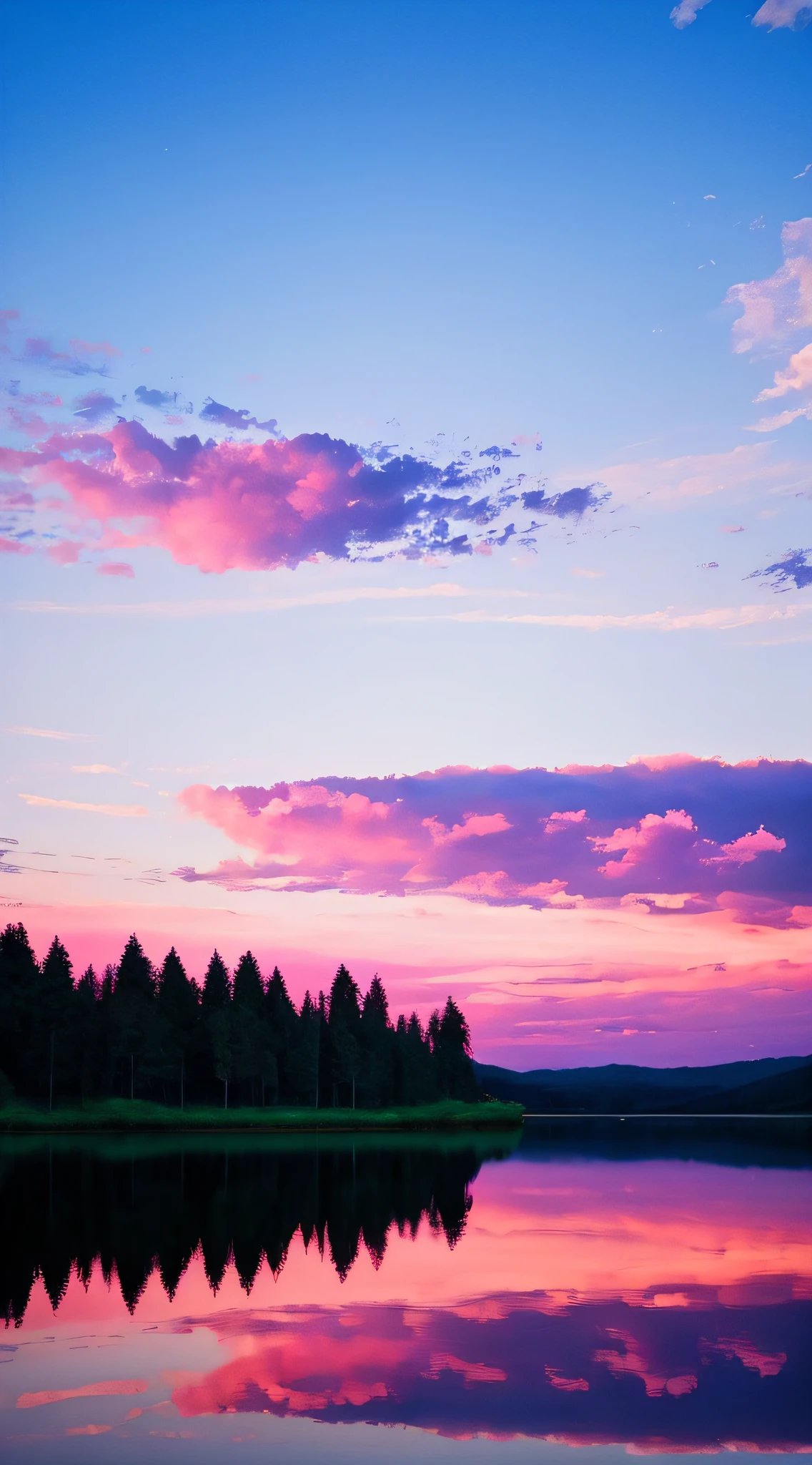 Pink, white cloudy sky, surreal colors, marvelous sky reflection, stunning sky, fantastic atmosphere 8K, light pink clouds, colors reflected on lake, surreal sky, beautiful sky, beautiful and spectacular, beautiful dream landscape, amazing sky, light blue lake