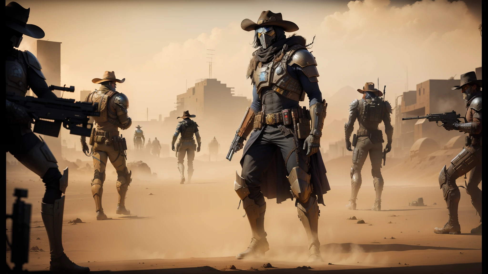 cowboys in a dusty area with guns and a gun, ornate cyberpunk armor, cinematic movie photograph, powerful male scarecrow, official judge dredd fanart, filmstill, inspired by Francis Ernest Jackson --auto --s2