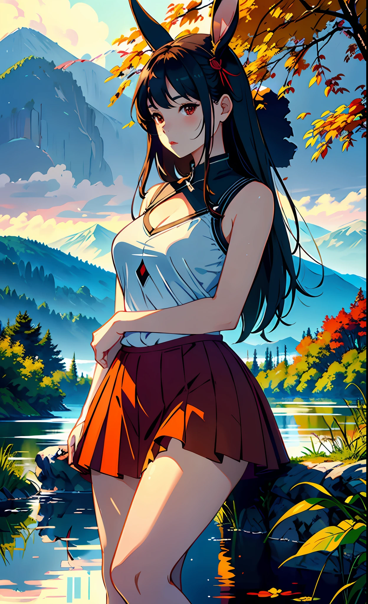 1 girl, calm expression, red eyes, rabbit ears, straight hair, plump figure, flowing skirt, calm posture, porcelain-like skin, (edge lighting): 1.2, warm colors, sun flares, soft shadows, vivid colors, painting effects, fantastic atmosphere BREAK Scenic lake, distant mountains, very thick maple trees, calm water, reflection, sunlit clouds, peaceful atmosphere, idyllic sunrise, super detailed, official art, unified 8k Wallpapers, zentangle, mandala, movie quality