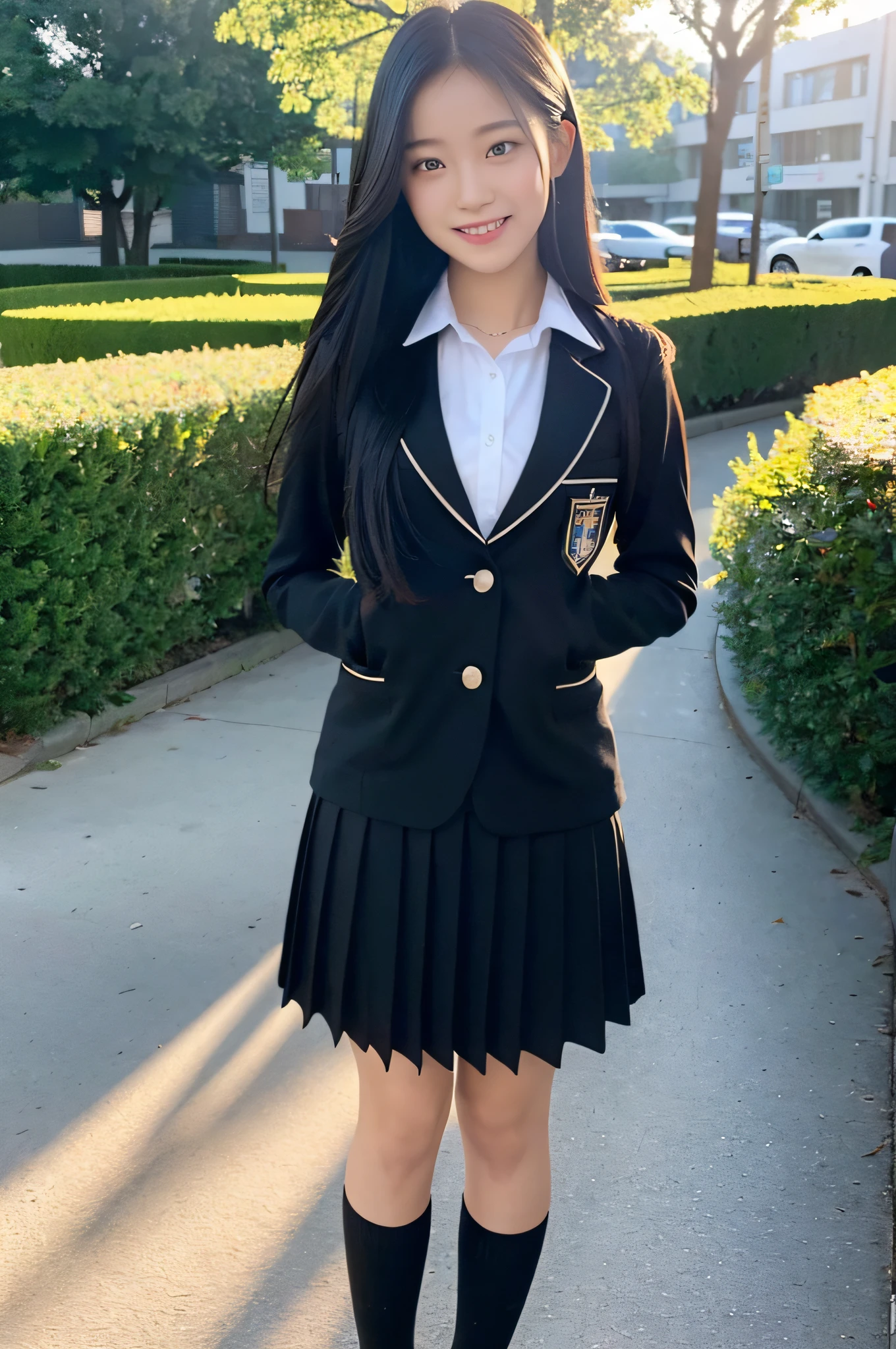 (8k, highest quality, masterpiece: 1.2), ultra detail, highest quality, ultra high resolution, professional lighting, photon mapping, radiosity, physically based rendering, cinematic lighting, depth of field, focusing, sun rays, good composition, (bokeh: 1.2), 1 girl, (full body), smile, beautiful eyes, pose, constriction, black hair, long hair, school uniform,
