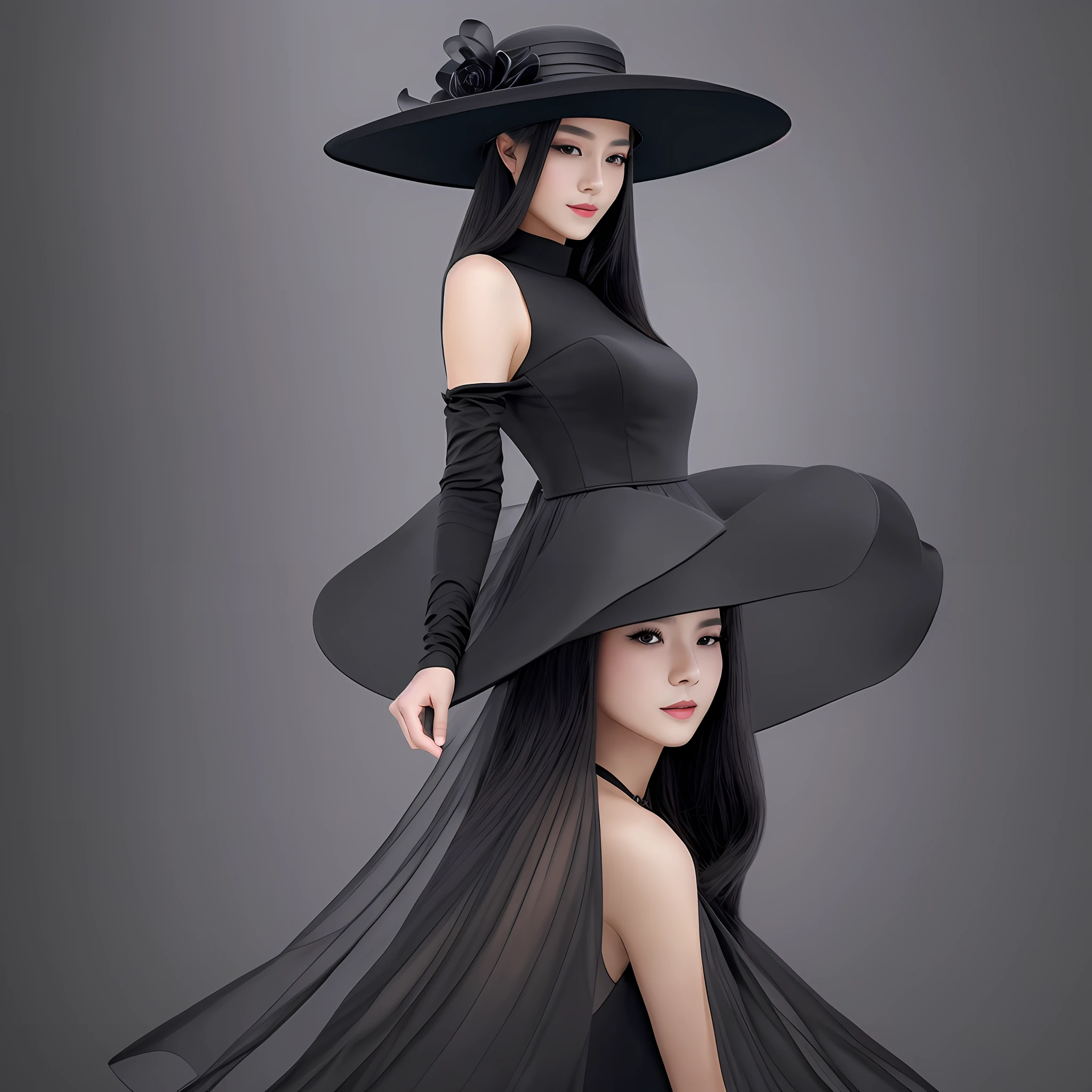 Alafeld image, single, woman in black hat and pearl, wearing black dress and hat, full body, sideways, side face, fashion color studio lighting, wearing black old dress and hat, elegant digital art, 2023 4K, Jiao Bingzhen, black rich color,, --auto --s2