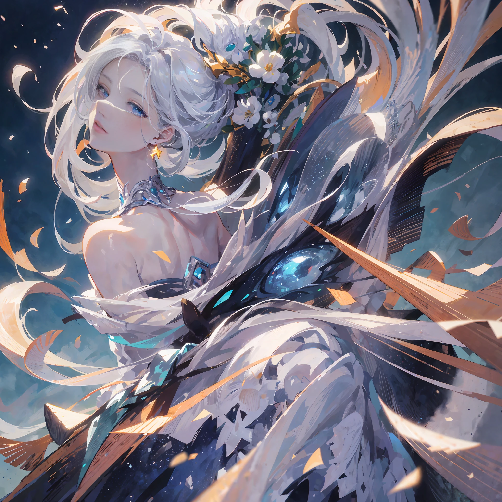 Masterpiece, (Best Quality: 1.2), (Super Fine: 1.2), Illustration, (Extremely Delicate and Beautiful: 1.2), Film Angle, Floating, (Beautiful Detail Eye: 1.1), (Detail Light: 1.1), Film Lights, Delicate Sky, Woman, White Hair, Blue Eyes, (High Ponytail: 1.1), Cloak, Glowing Eyes, (Moon: 1.2), (Moonlight: 1.1), Starry Sky, (Light Particles: 1.1), Fog , snow painting, sketching, blooming --auto --s2