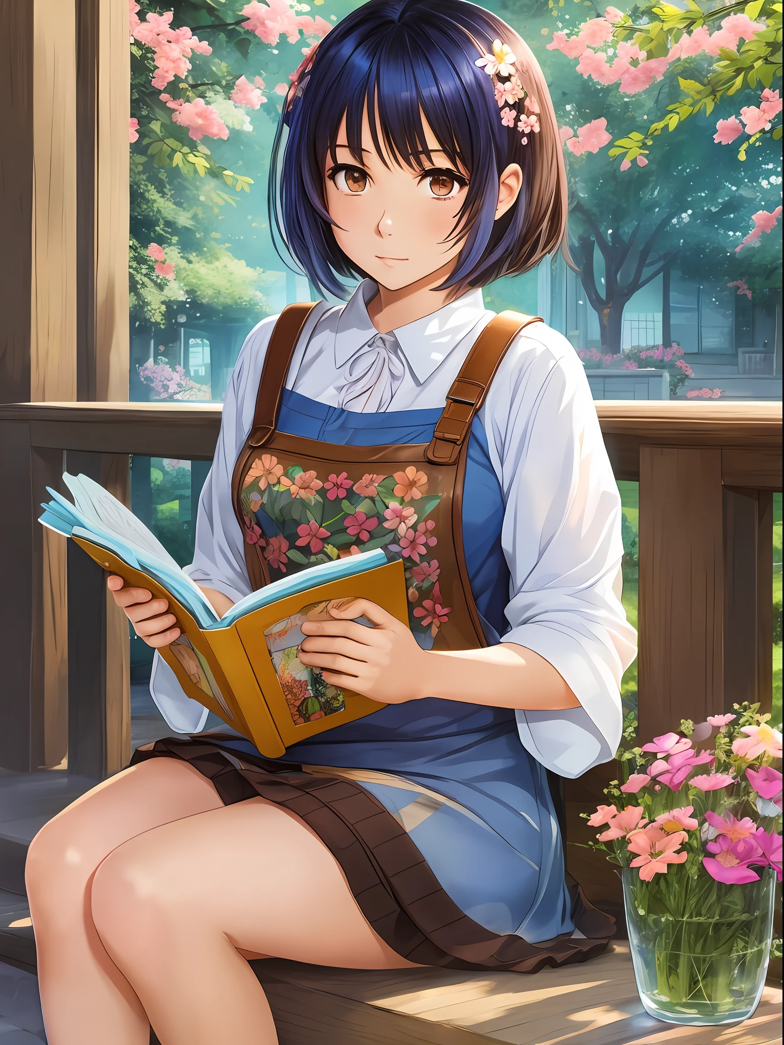 1 anime style girl, brown eyes, short brown hair with blue locks, sitting reading a book in a flowery square, super detailed