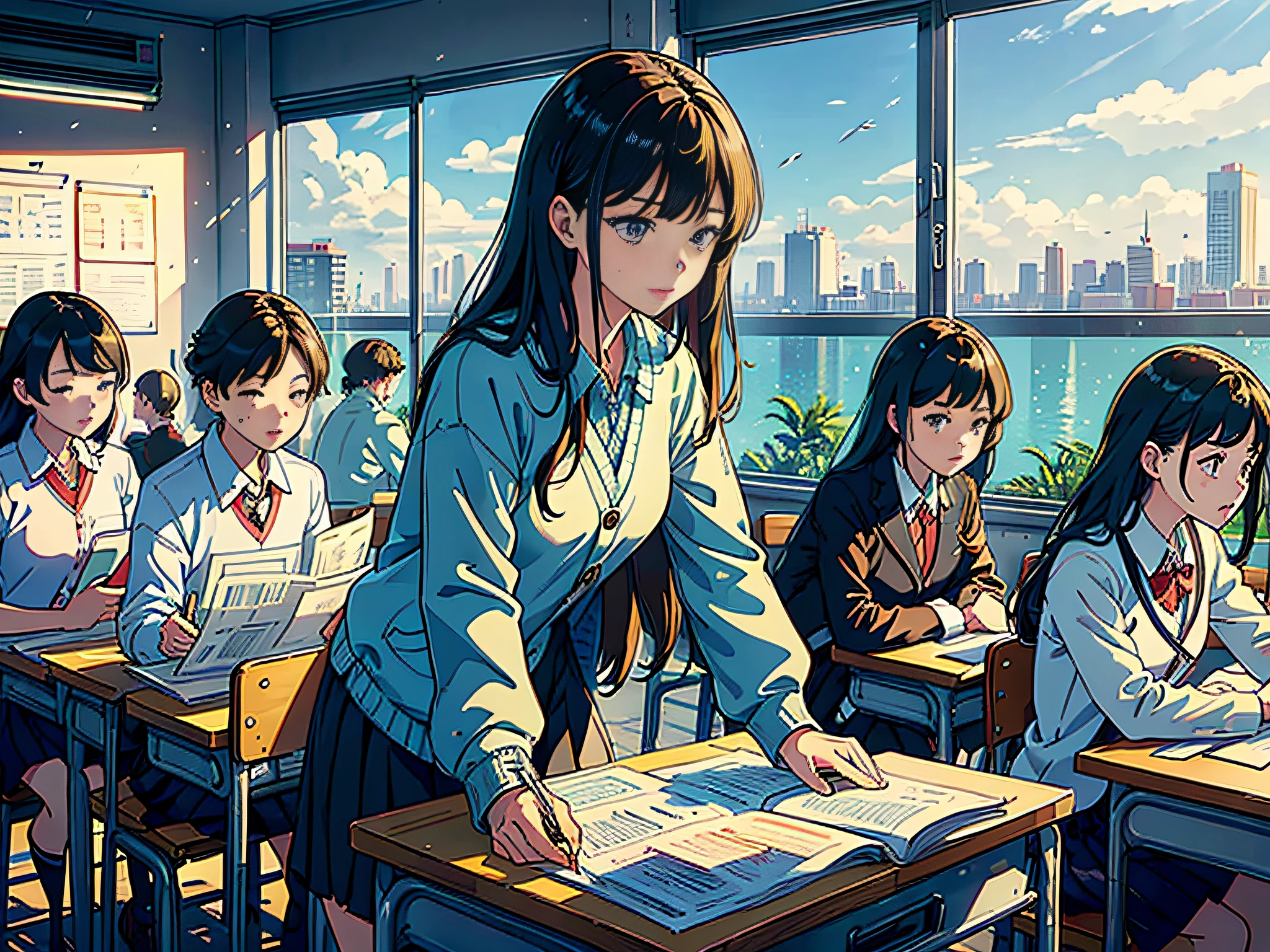 The sun is shining at noon, many people are sitting in the classroom writing test papers, the background is in the classroom, men and women are sitting on stools, holding pens in their hands, writing test papers, surprised expressions, mouth open, front shot, (there is test paper 1.5), the lens mainly features the upper body, (the lens mainly features money falling down in the classroom 3.0), in the Loepfe art style ((New Sea City), popular in CGStation, Shin Hai Cheng H 2160, inspired by Bian Shoumin, New Sea City, Kavasi, Guwitz style, high quality, 4K , 8K, resolution, -auto-s2