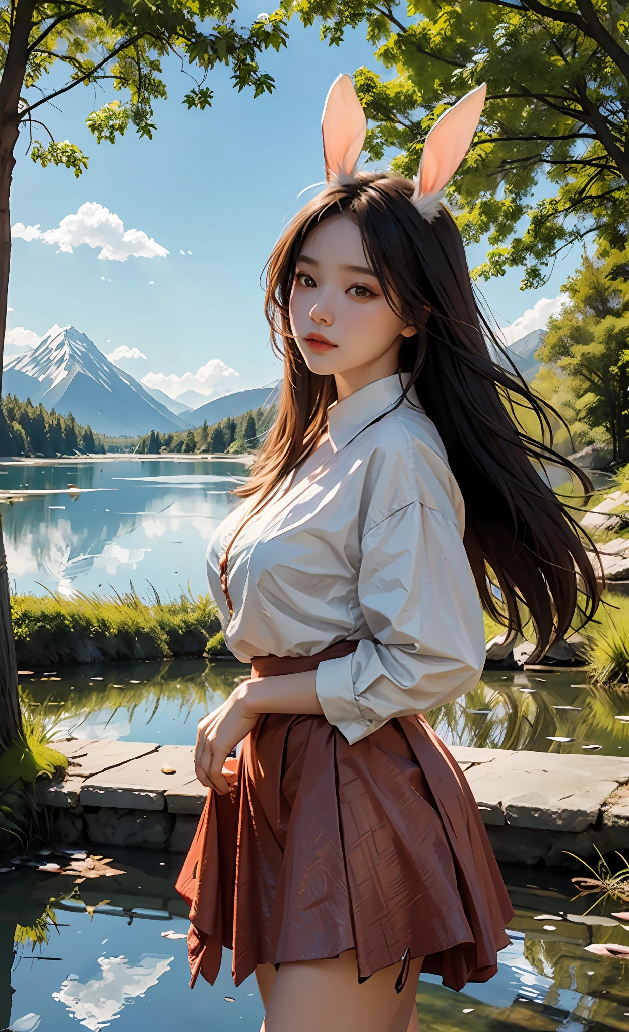 1 girl, calm expression, red eyes, rabbit ears, straight hair, plump figure, flowing skirt, calm posture, porcelain-like skin, (edge lighting): 1.2, warm colors, sun flares, soft shadows, vivid colors, painting effects, fantastic atmosphere BREAK Scenic lake, distant mountains, very thick maple trees, calm water, reflection, sunlit clouds, peaceful atmosphere, idyllic sunrise, super detailed, official art, unified 8k Wallpapers, zentangle, mandala, movie quality