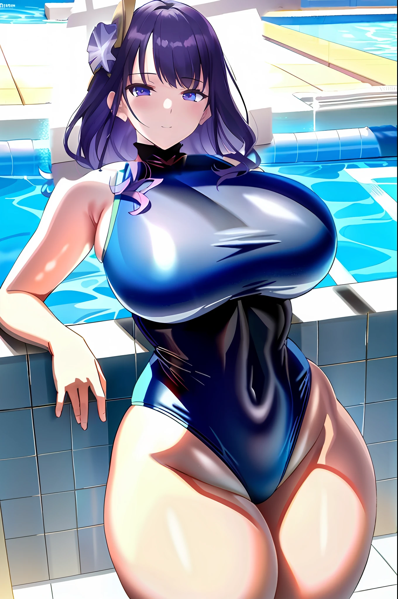 Huge breasts, wearing swimming suit in swimming pool, pure eyes realistic pupils,god rays, cinematic focus,16k, highers, thicc thighs, huge ass,top view