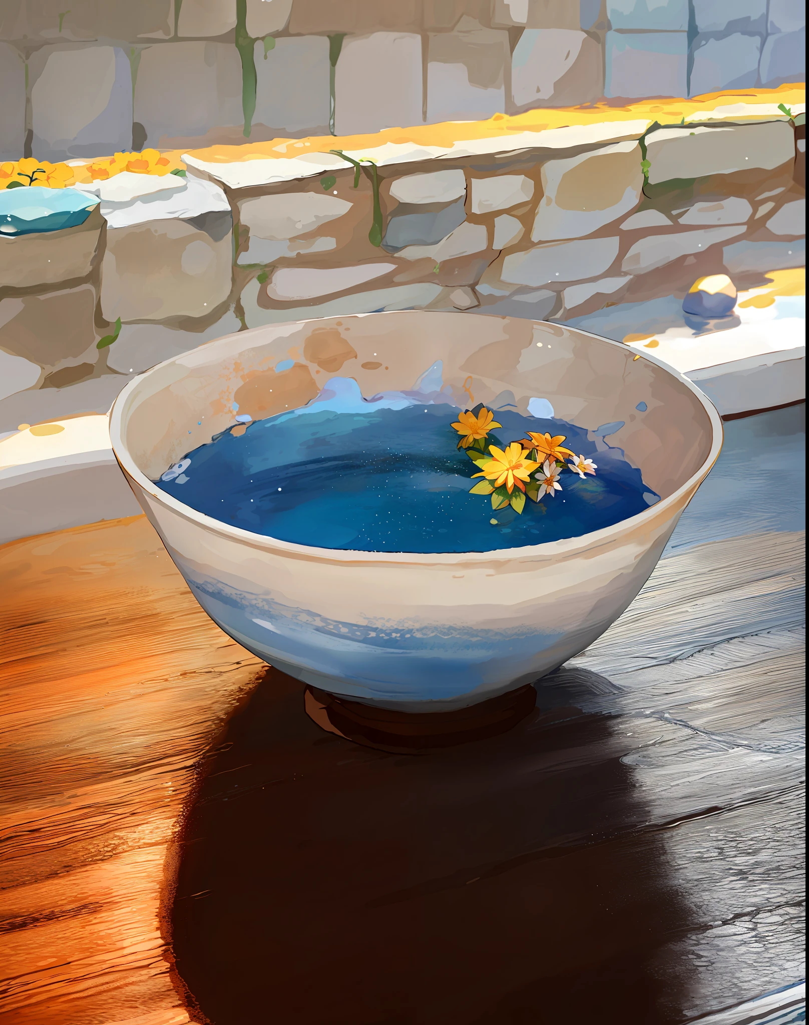 There is a bowl of water with a flower in it, dripping blue natural rock barns