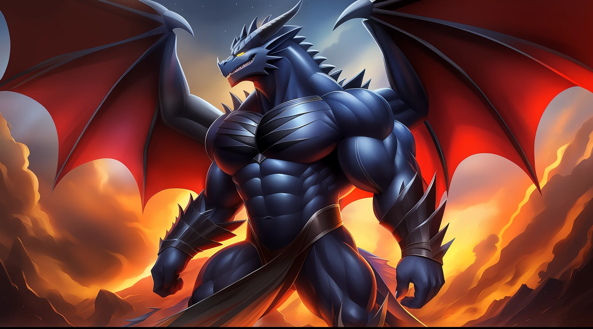 There is a yellow-eyed black dragon standing under the starry sky, anthropomorphic dragon, black dragon, as anthropomorphic dragon, giant monster dragon monster, muscle dragon man, man and dragon fusion, anthropomorphic dragon, realism, epic, thunder and lightning pattern, wings spread, center composition, top-down lighting