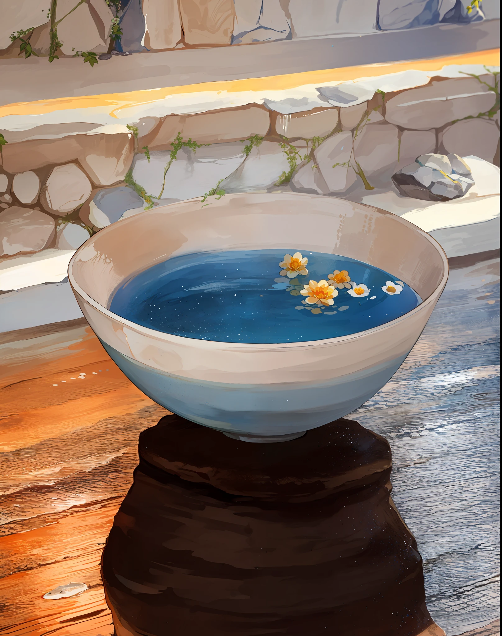 There is a bowl of water with a flower in it, dripping blue natural rock barns
