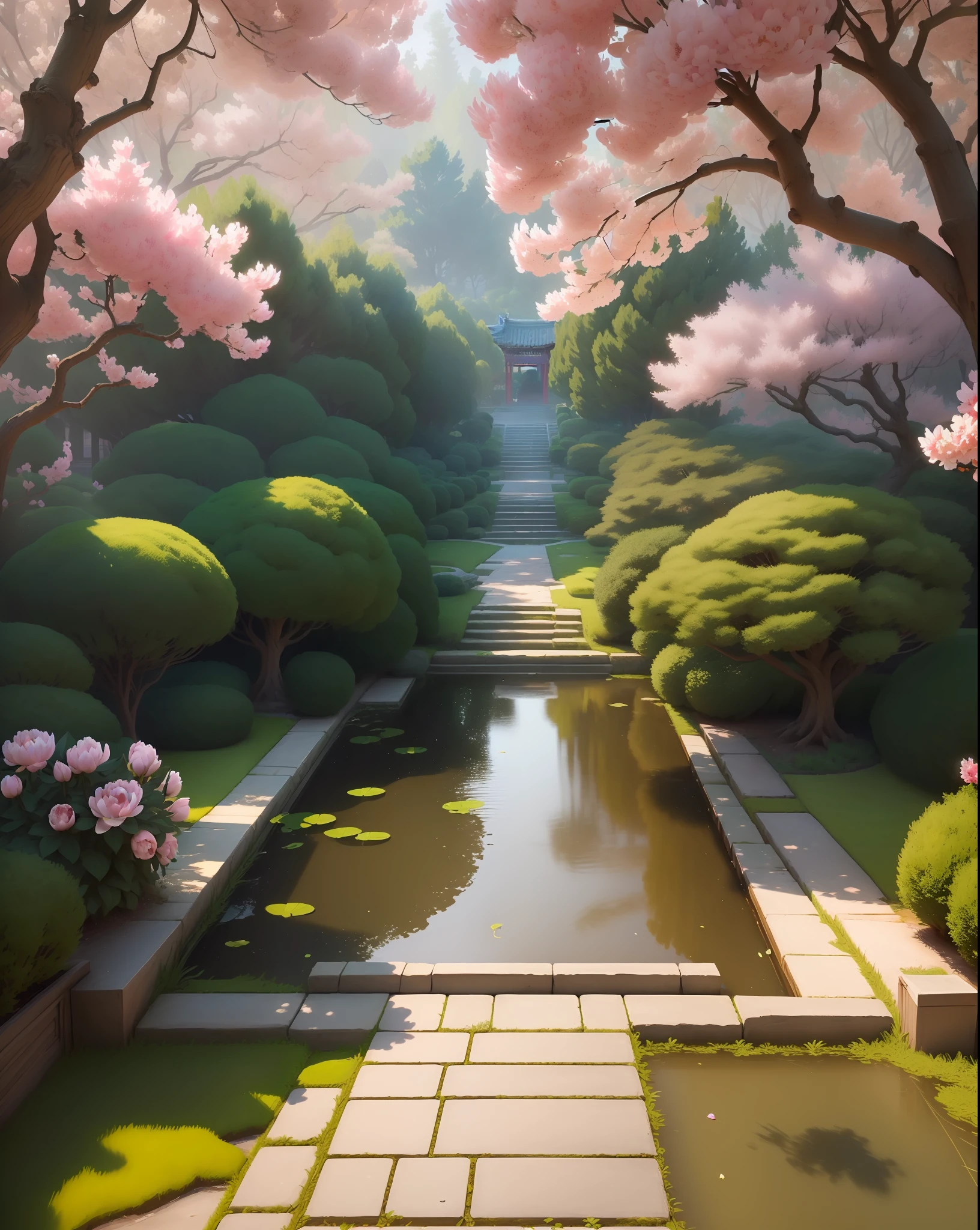 Masterpiece, best quality, (extremely detailed CG unity 8k wallpaper), (best quality), (best illustration), (best shading), ancient Tang dynasty garden, peony garden in the middle, pine forests on both sides , cobblestone road, isometric 3D, octane rendering, ray tracing, super detailed, --v 6