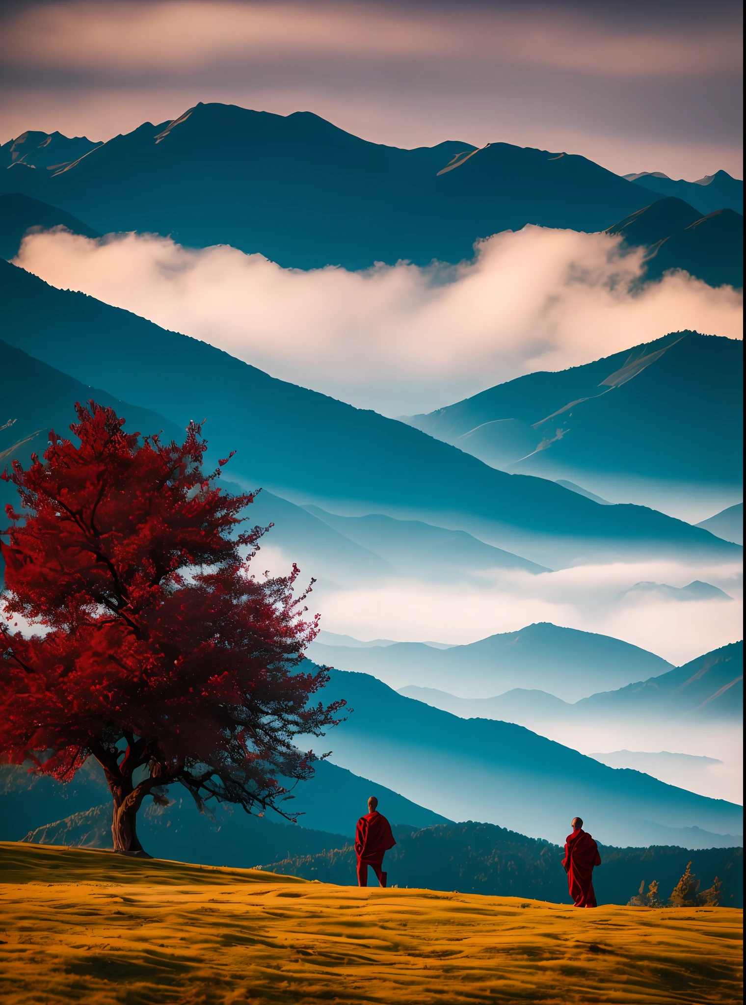 Zen landscape, cloudy, mountains, monk in red, a tree, 8K,