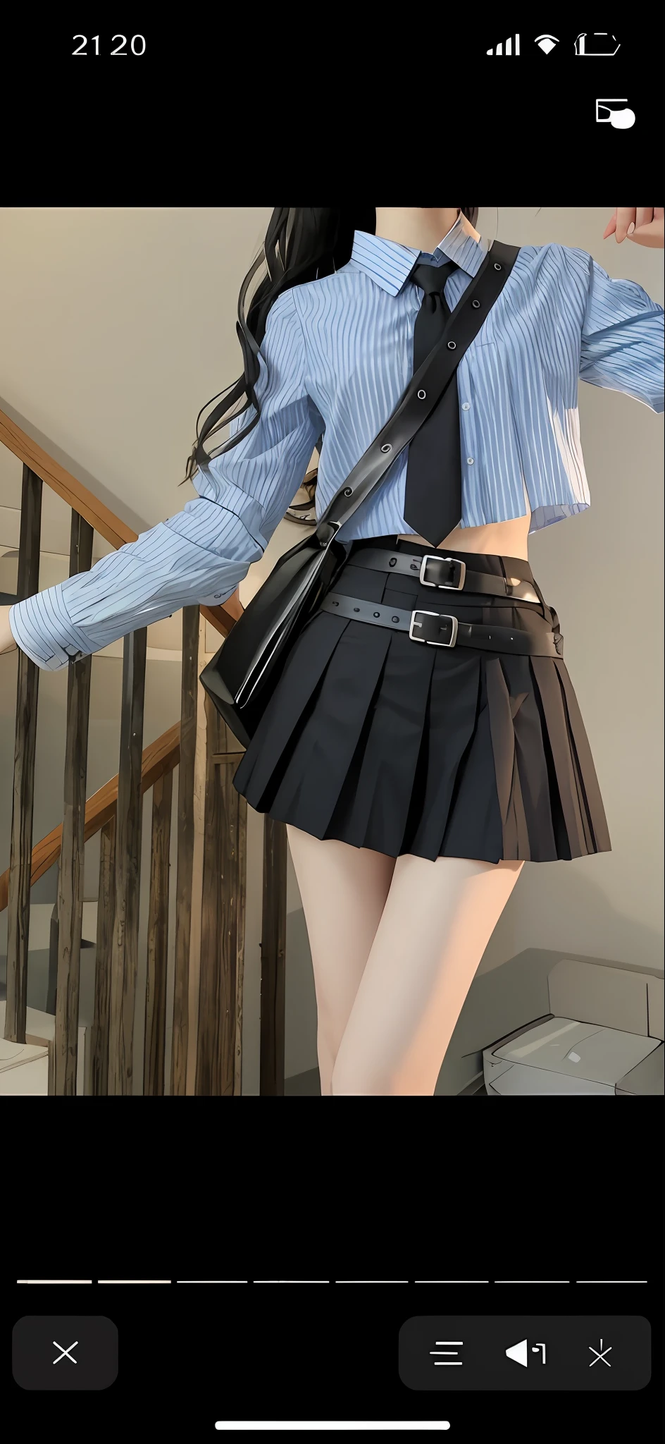 There is a woman in skirt and shirt with tie, pleated miniskirt, black skirt, high waist black skirt, JK uniform, skirt, short black skirt, mini skirt, wear skirt, pleated skirt, short skirt, beautiful short skirt, belt
