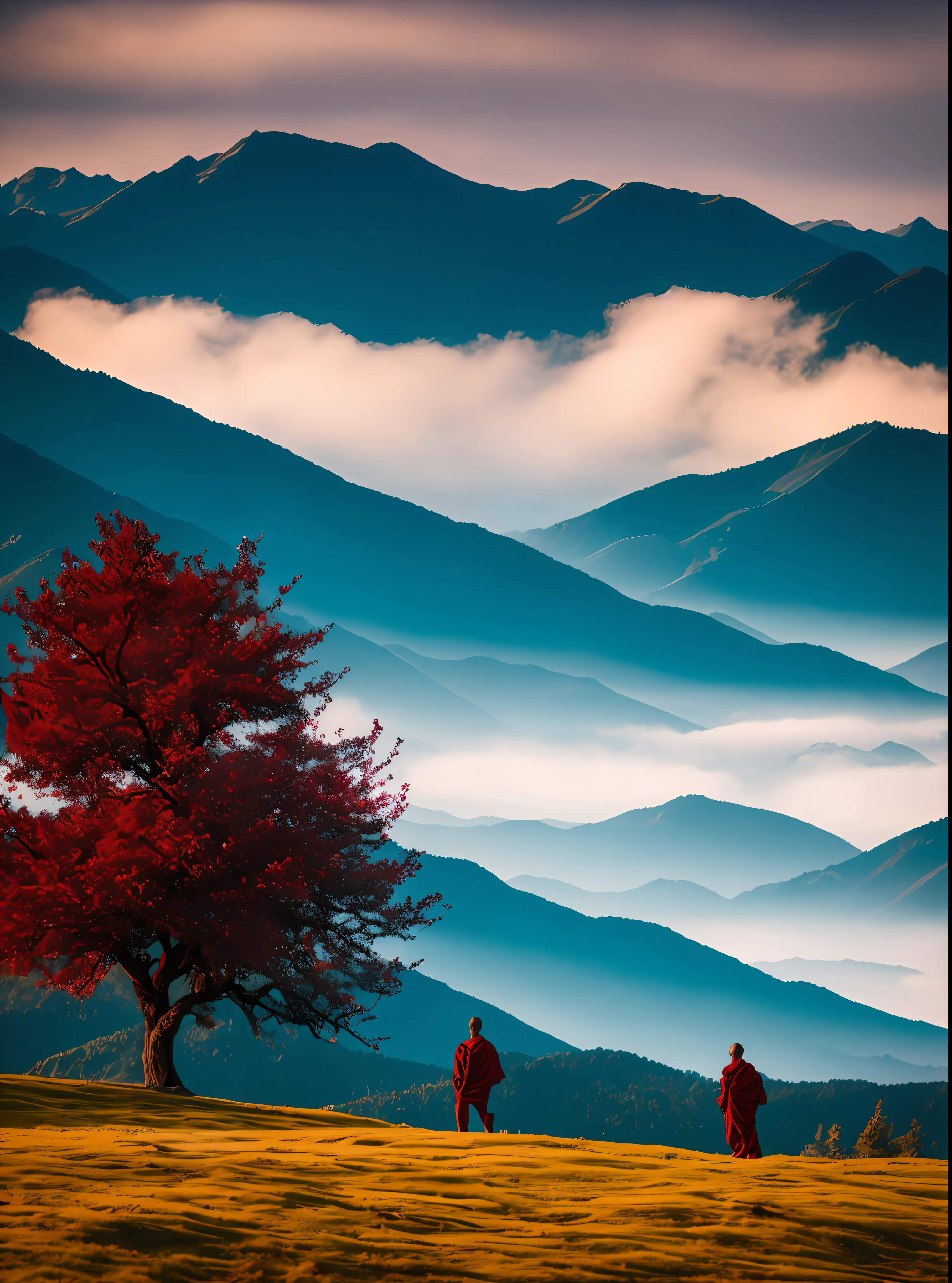 Zen landscape, cloudy, mountains, monk in red, a tree, 8K,