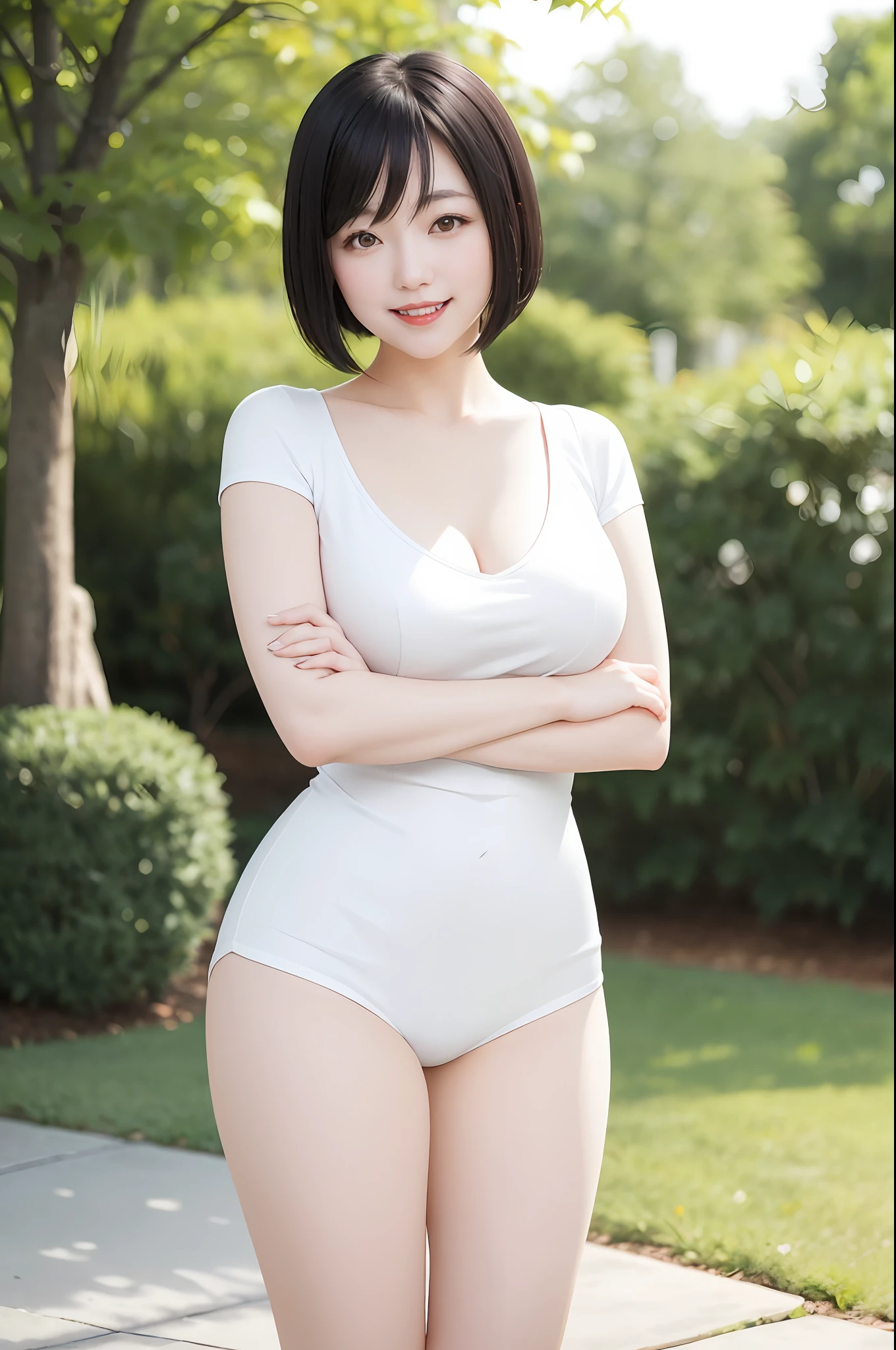 A Japanese woman is standing in the park, peach Red lips, tender and smooth skin,(white skin:1.4),black hair,(bob hair:1.2), short hair,(smile:1.2),very realistic details, ultra-high resolution,bokeh,outstanding details, 8K