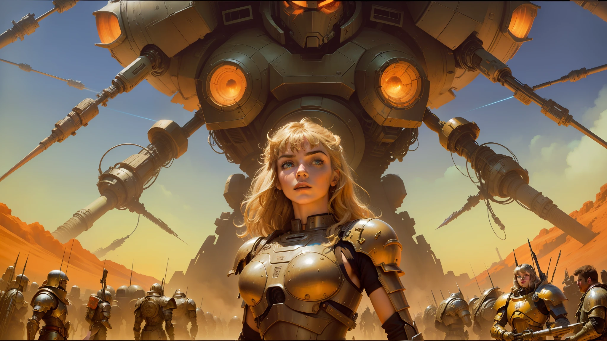 there is a woman standing in front of a giant robot, inspired by ken kelly, epic album cover, imogen poots as a paladin, ralph horsley vivid color, mighty princess of the wasteland, skynet, intricate biopunk patterns, queen of warrior, krull --auto --s2