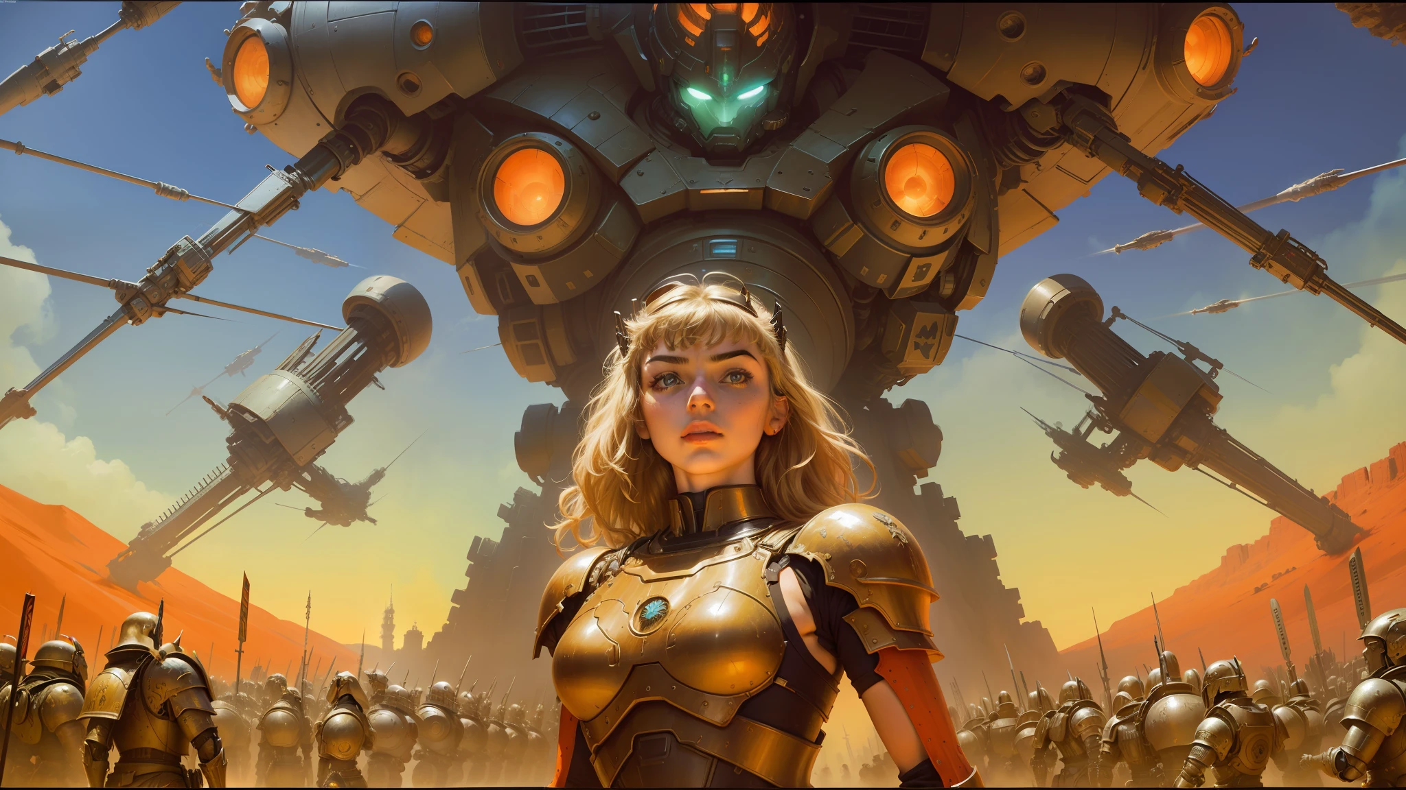 there is a woman standing in front of a giant robot, inspired by ken kelly, epic album cover, imogen poots as a paladin, ralph horsley vivid color, mighty princess of the wasteland, skynet, intricate biopunk patterns, queen of warrior, krull --auto --s2