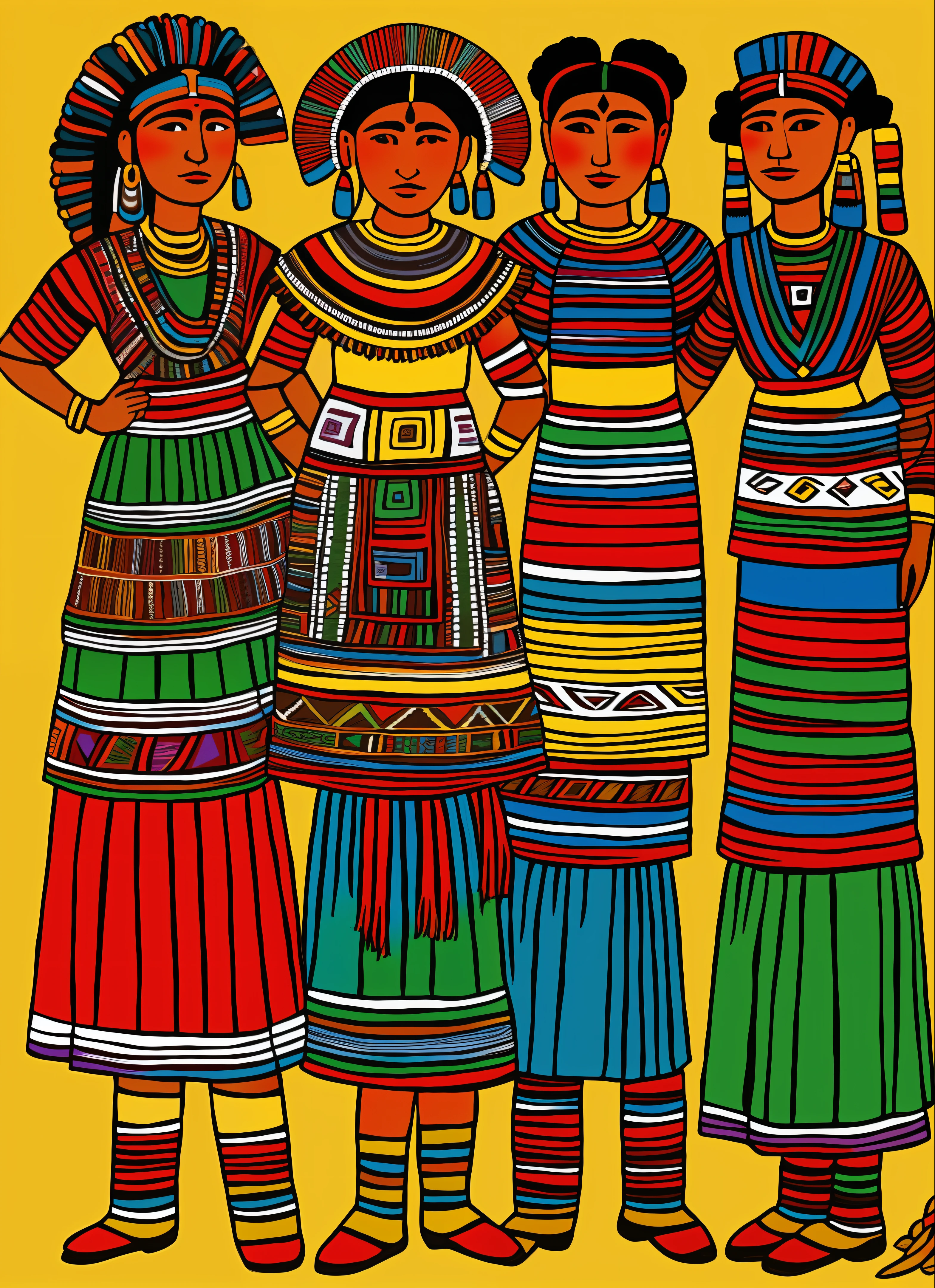 a drawing of three people in native clothing standing next to each other, a digital rendering by Caroline Mytinger, cg society contest winner, art brut, in the art style of quetzecoatl, ancient tribe, folkloric illustration, wearing inka clothes, winning artwork, colored illustration, ethnic group, tribal ancient imagery, indigenous, aztec mythology, tribal dance
