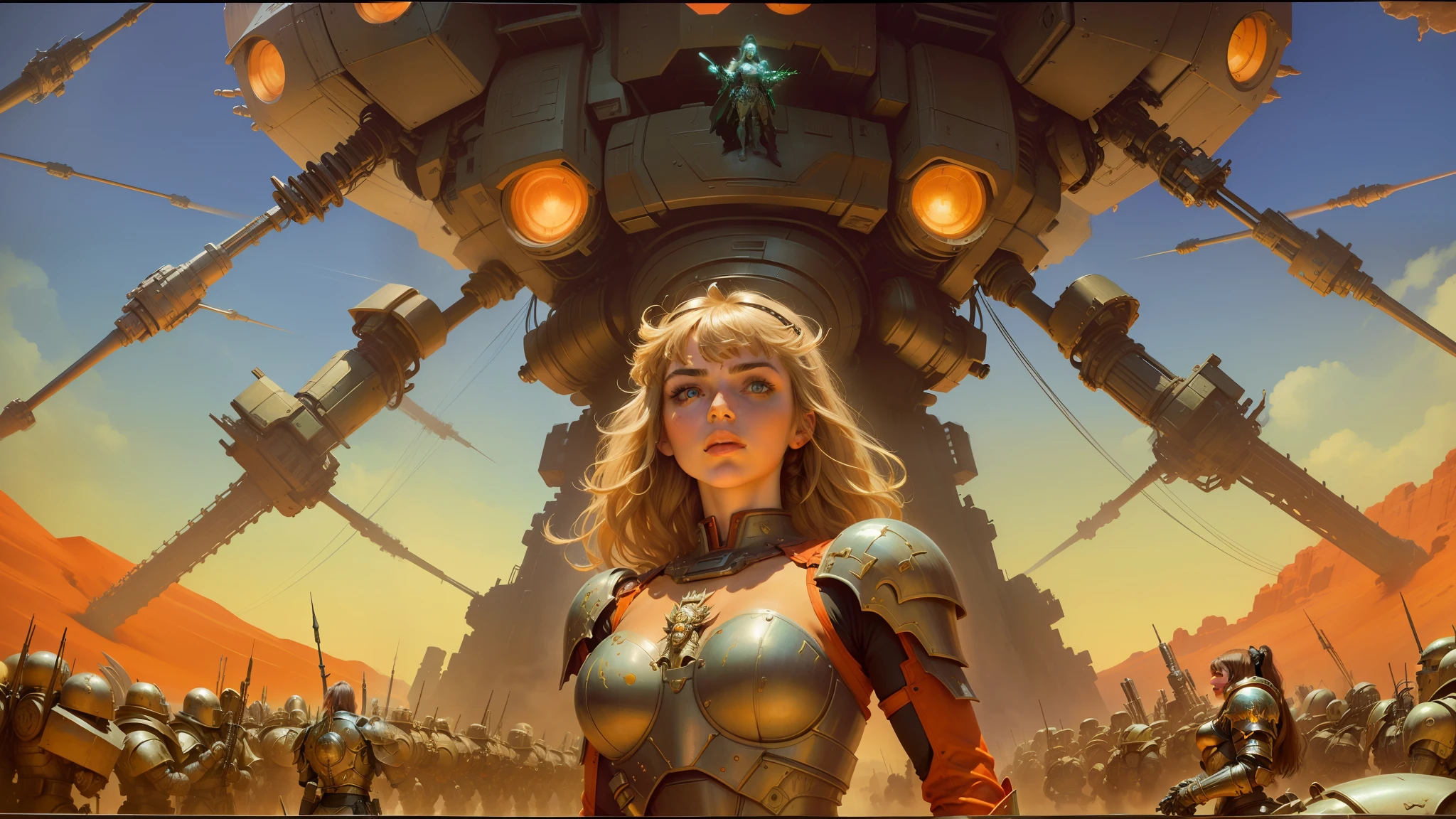 there is a woman standing in front of a giant robot, inspired by ken kelly, epic album cover, imogen poots as a paladin, ralph horsley vivid color, mighty princess of the wasteland, skynet, intricate biopunk patterns, queen of warrior, krull --auto --s2